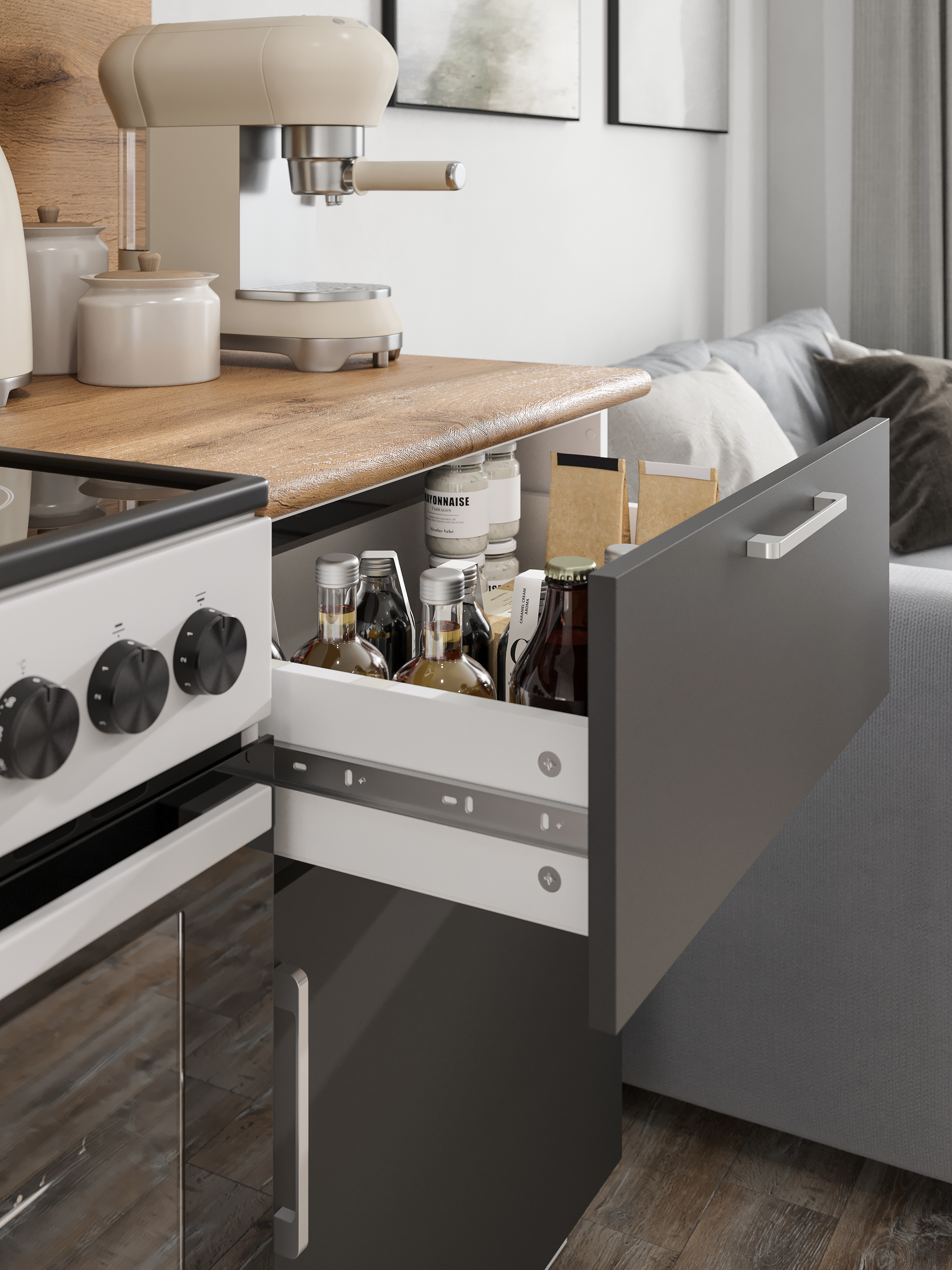 Кухонный гарнитур Domaci Болонья 260 см, фасад графит, ручка хром, столешница дуб вотан KUH-708368