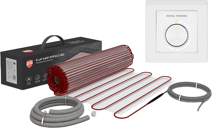 Теплый пол Royal Thermo Flat Mat RTFM 2-150-3 комплект под плитку, на стяжку, 450 Вт, 3 м2, с терморегулятором, механический, белый, черный