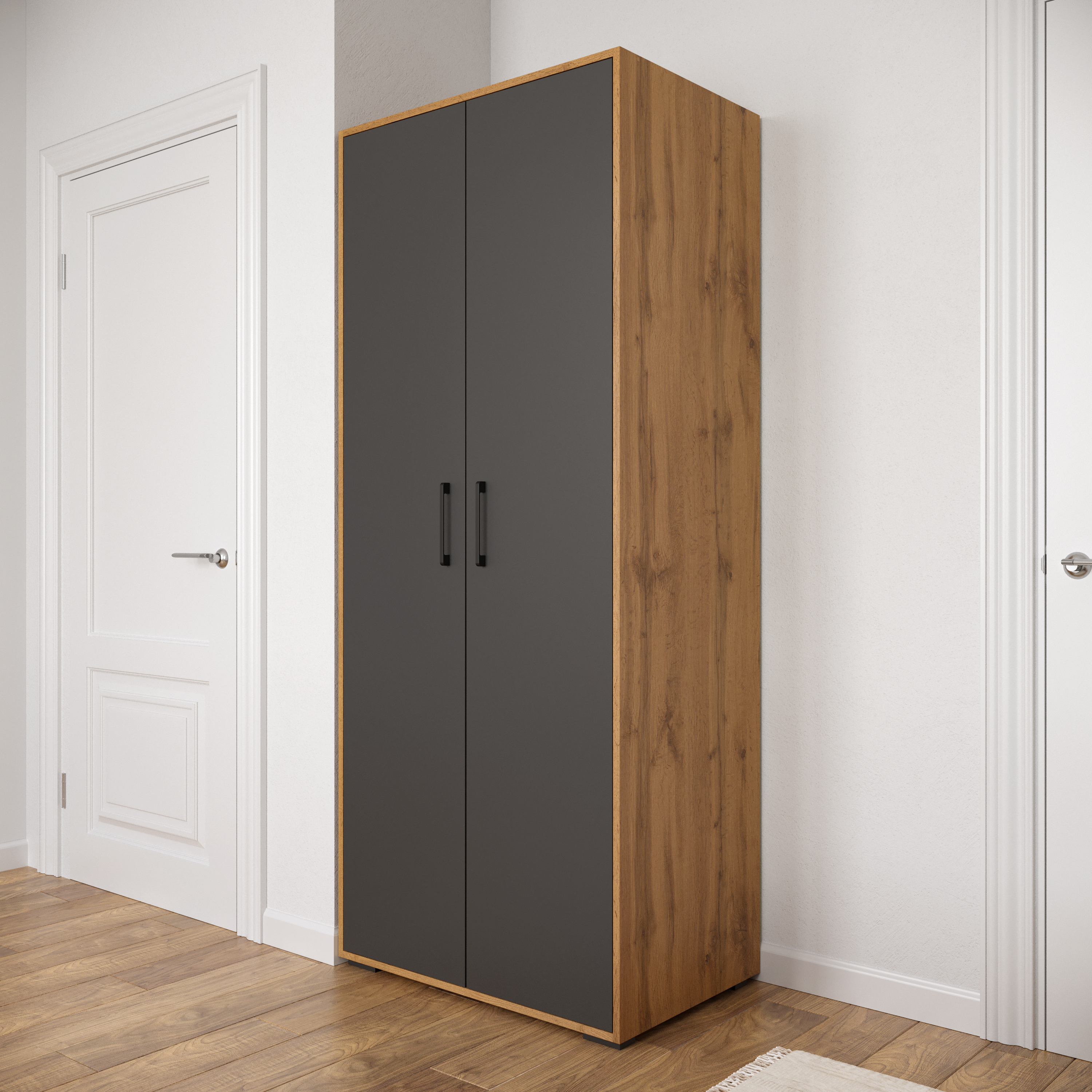 Шкаф для одежды DIWO Кострома 80x191х52 см, двухдверный, антрацит, дуб вотан, ручка черная