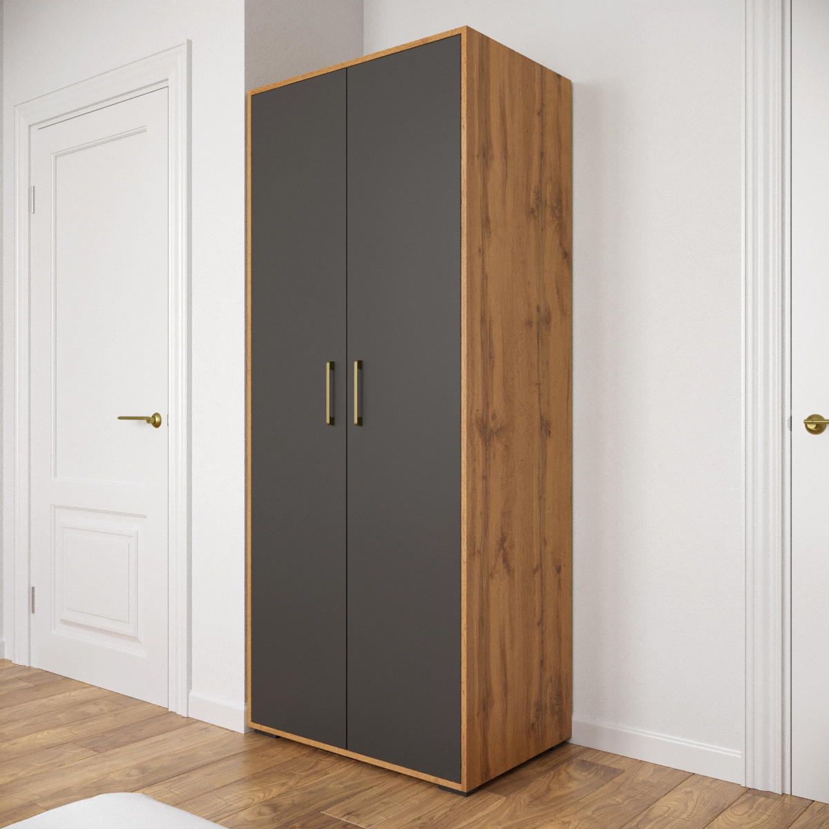 Шкаф для одежды DIWO Кострома 80x191х52 см, двухдверный, антрацит, дуб вотан, ручка золото