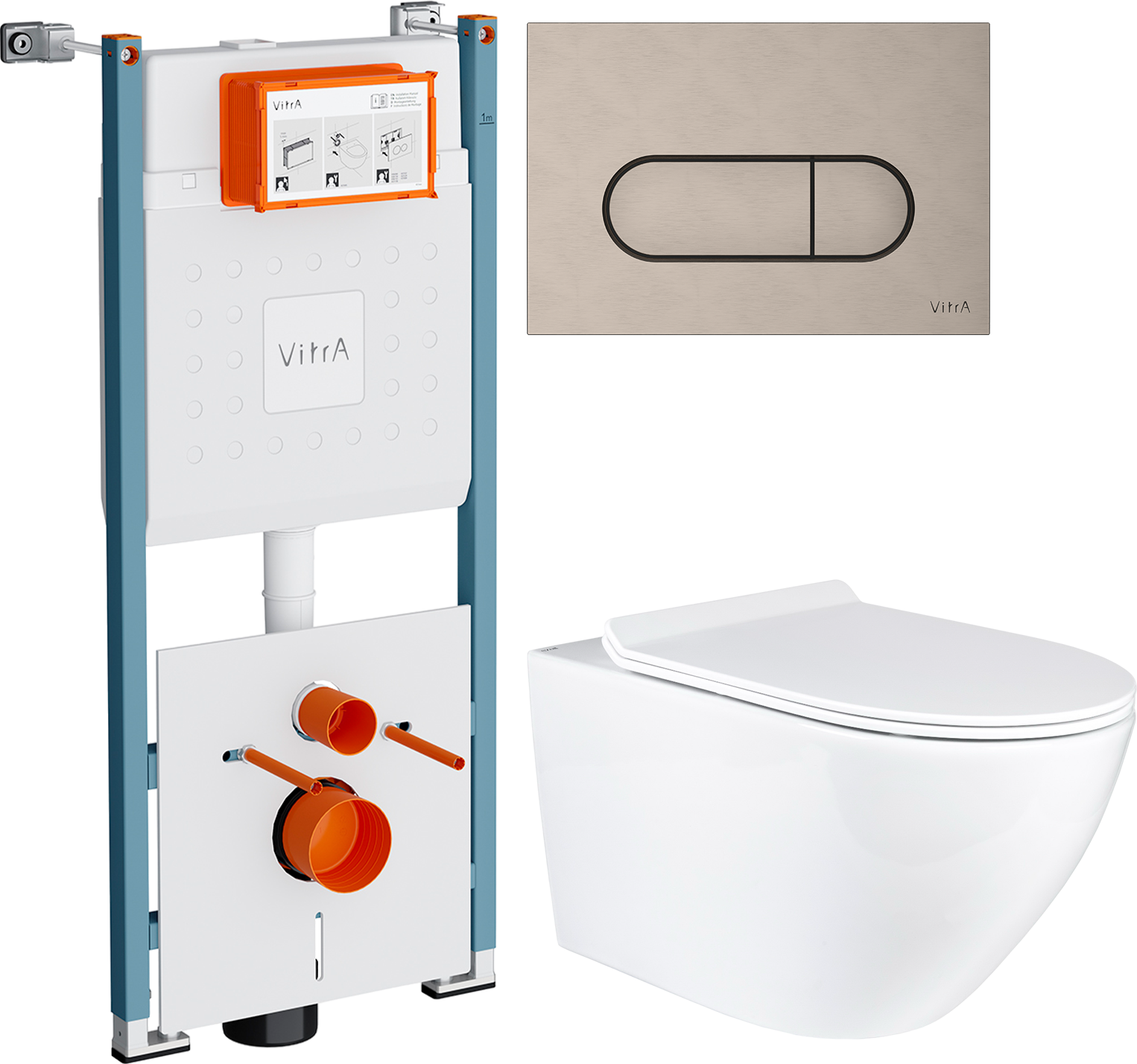 Комплект 3 в 1 Унитаз подвесной BOND Oval F01-10Long + Инсталляция VitrA V-Fix Core 732-5800-01PV + Кнопка Root Round 740-2295 цвет никель