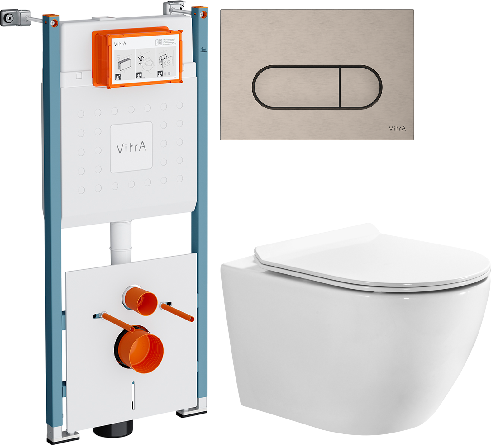 Комплект 3 в 1 Унитаз подвесной BOND Oval F12-10 + Инсталляция VitrA V-Fix Core 732-5800-01PV + Кнопка Root Round 740-2295 цвет никель