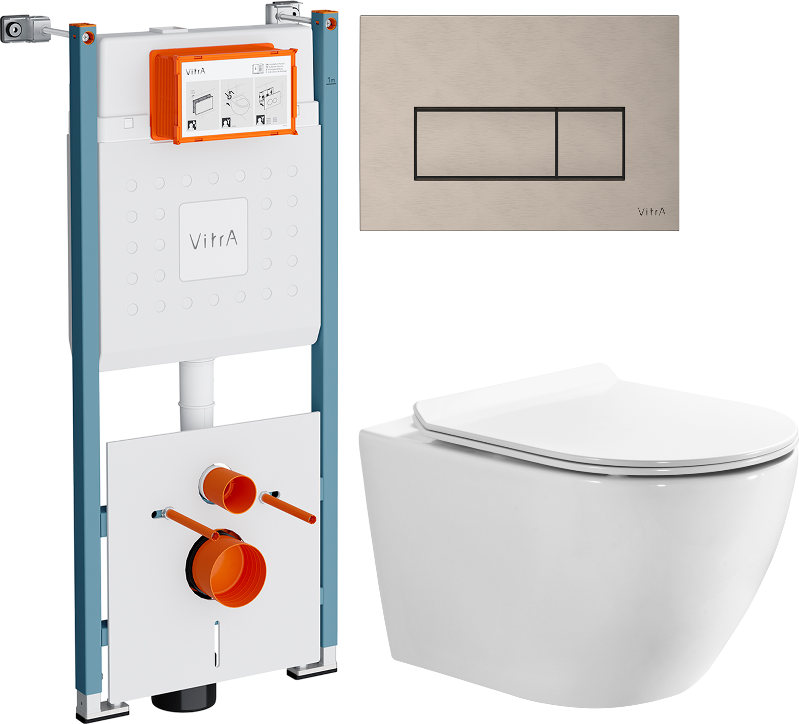 Комплект 3 в 1 Унитаз подвесной BOND Oval F12-10 + Инсталляция VitrA V-Fix Core 732-5800-01PV + Кнопка Root Square 740-2395 цвет никель