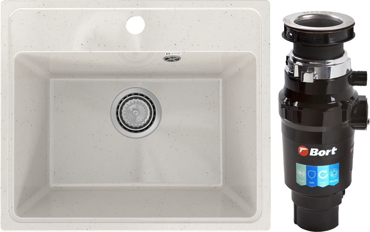 Комплект Мойка Practik PR-M 490-001, белый камень + Измельчитель Bort Master Eco
