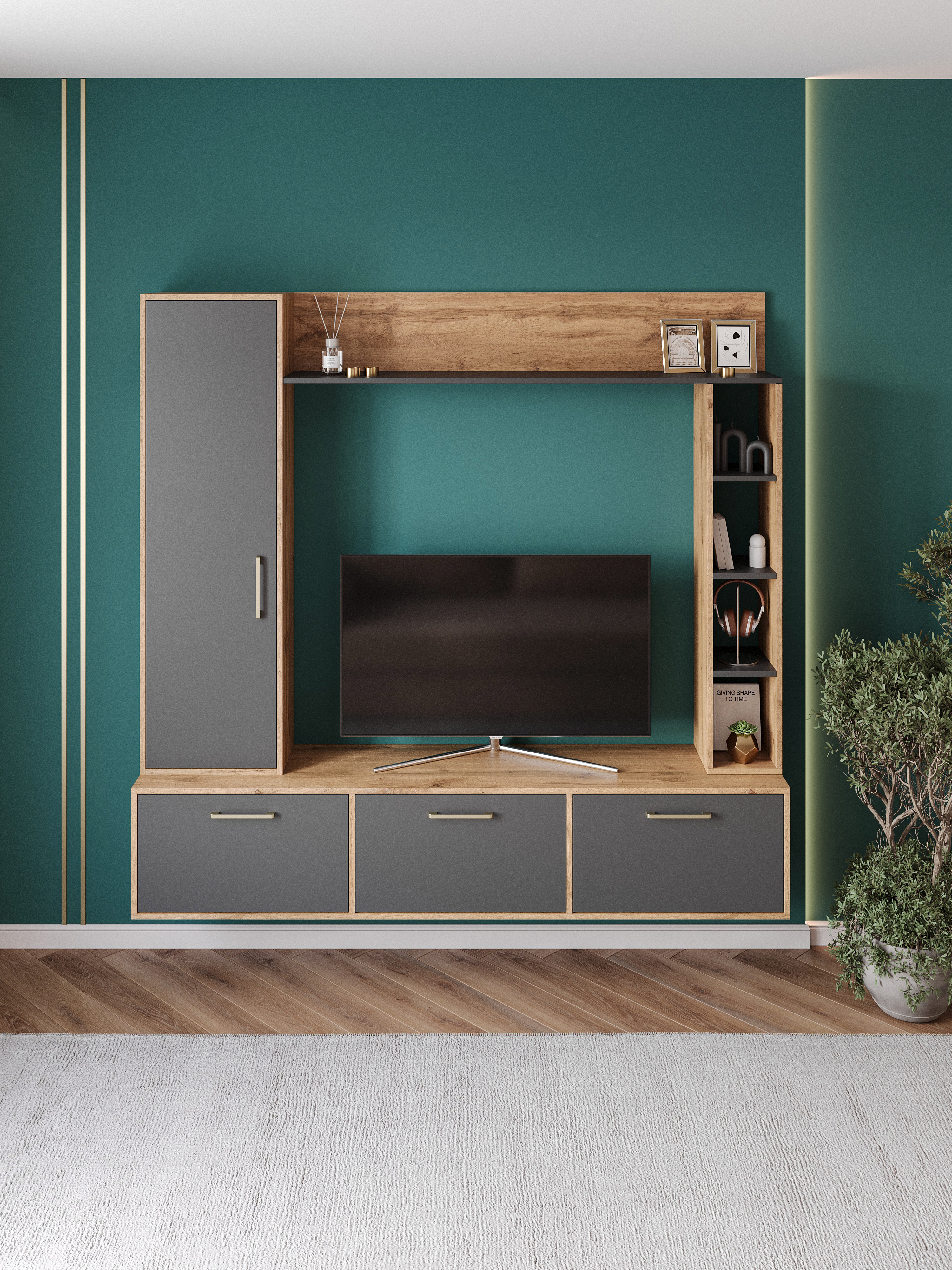 Стенка в гостиную DIWO Кострома 180-2 дуб вотан, антрацит, ручка золото