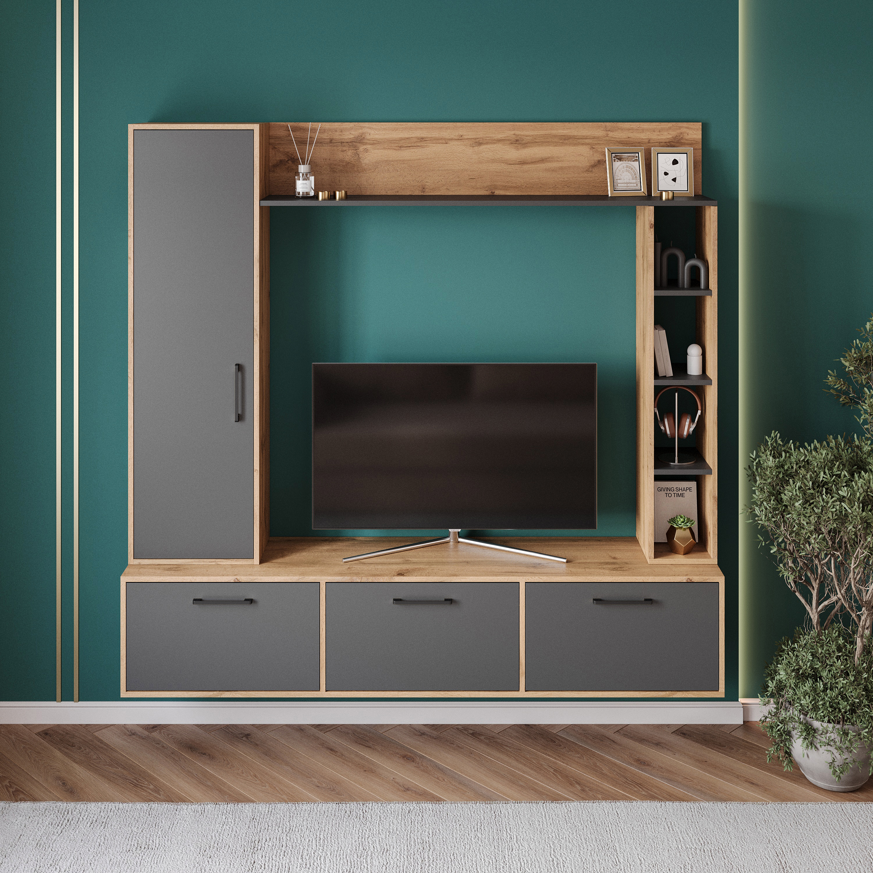 Стенка в гостиную DIWO Кострома 180-2 дуб вотан, антрацит, ручка черная