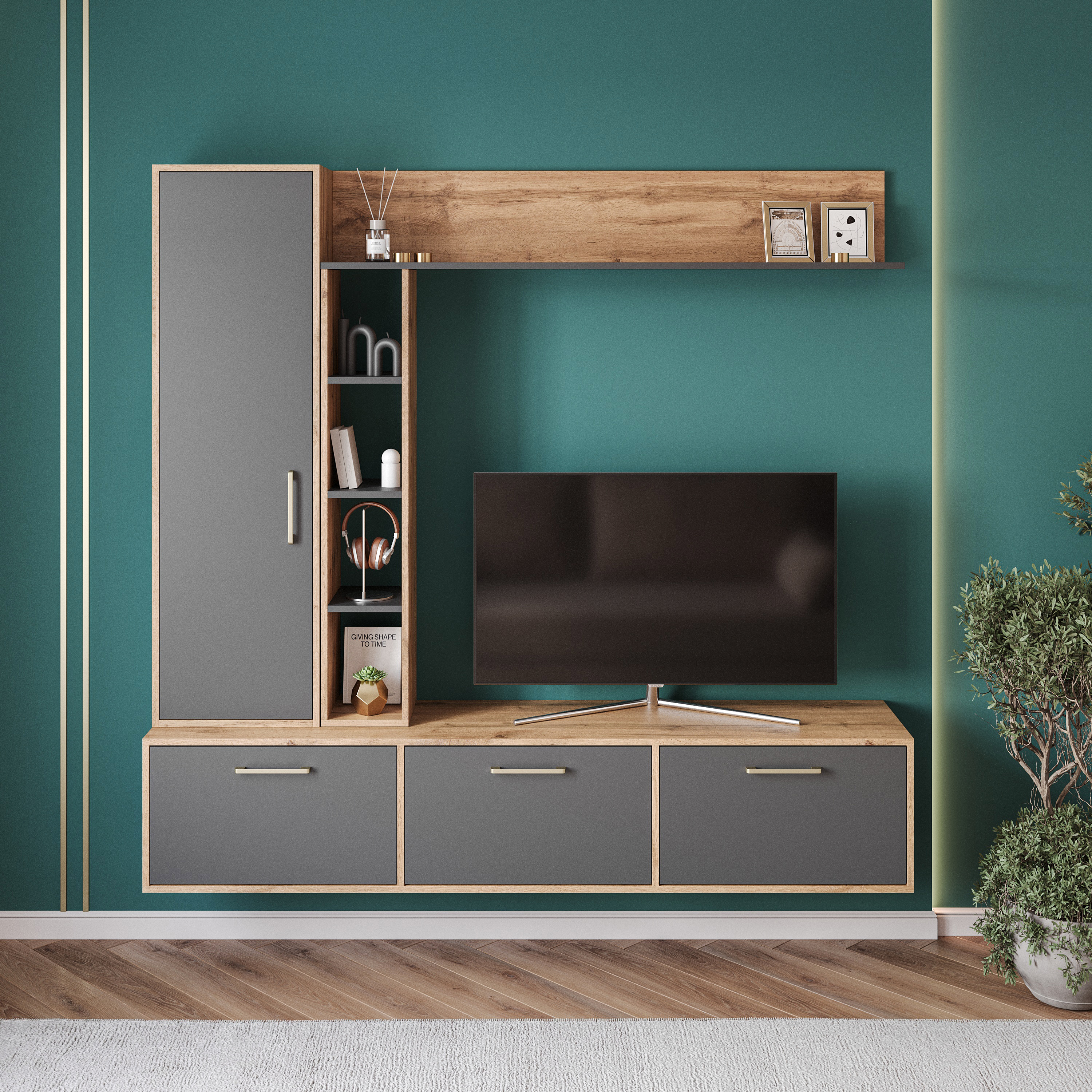 Стенка в гостиную DIWO Кострома 180 дуб вотан, антрацит, ручка золото