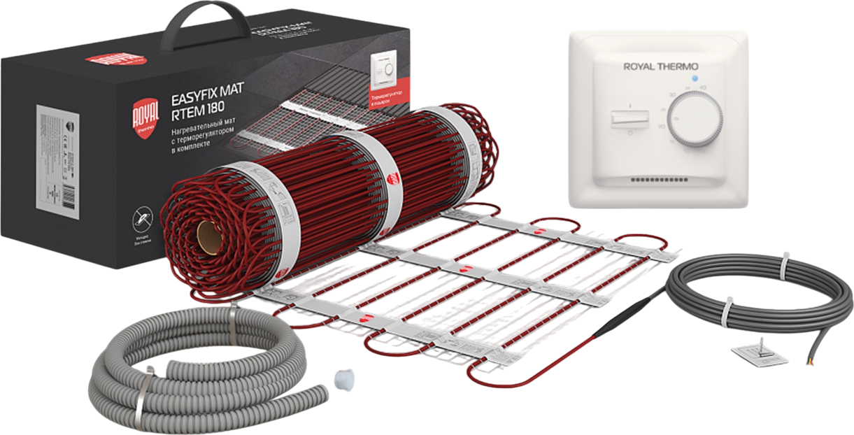 Теплый пол Royal Thermo EasyFix Mat RTEM 2-180-0,5 под плитку, на стяжку, 90 Вт, 0,5 м2, с терморегулятором, механический, программируемый