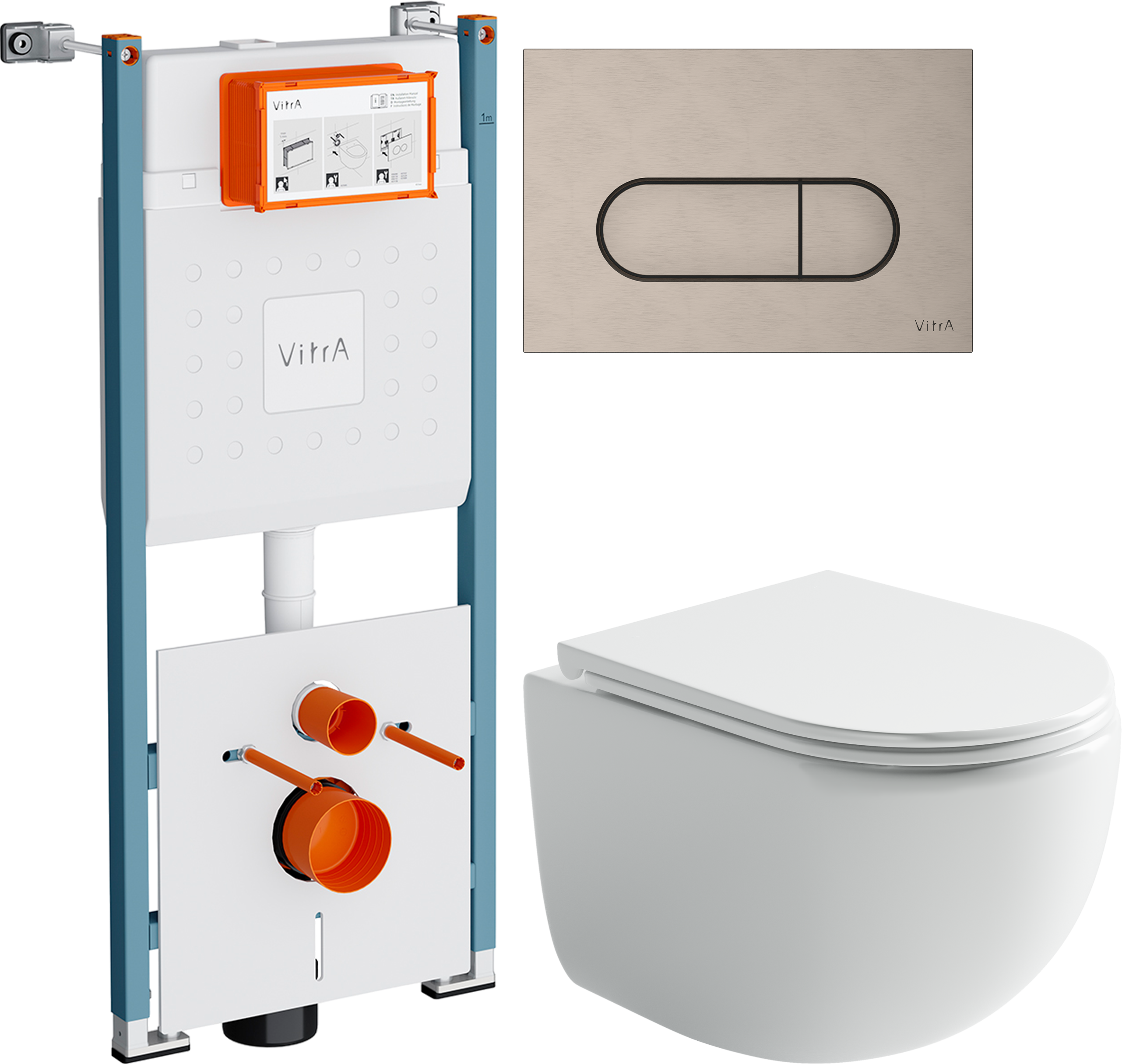 Комплект 3 в 1 Унитаз подвесной Ceramicanova UP Rimless CN4007 + Инсталляция VitrA V-Fix Core 732-5800-01PV + Кнопка Root Round 740-2295 цвет никель