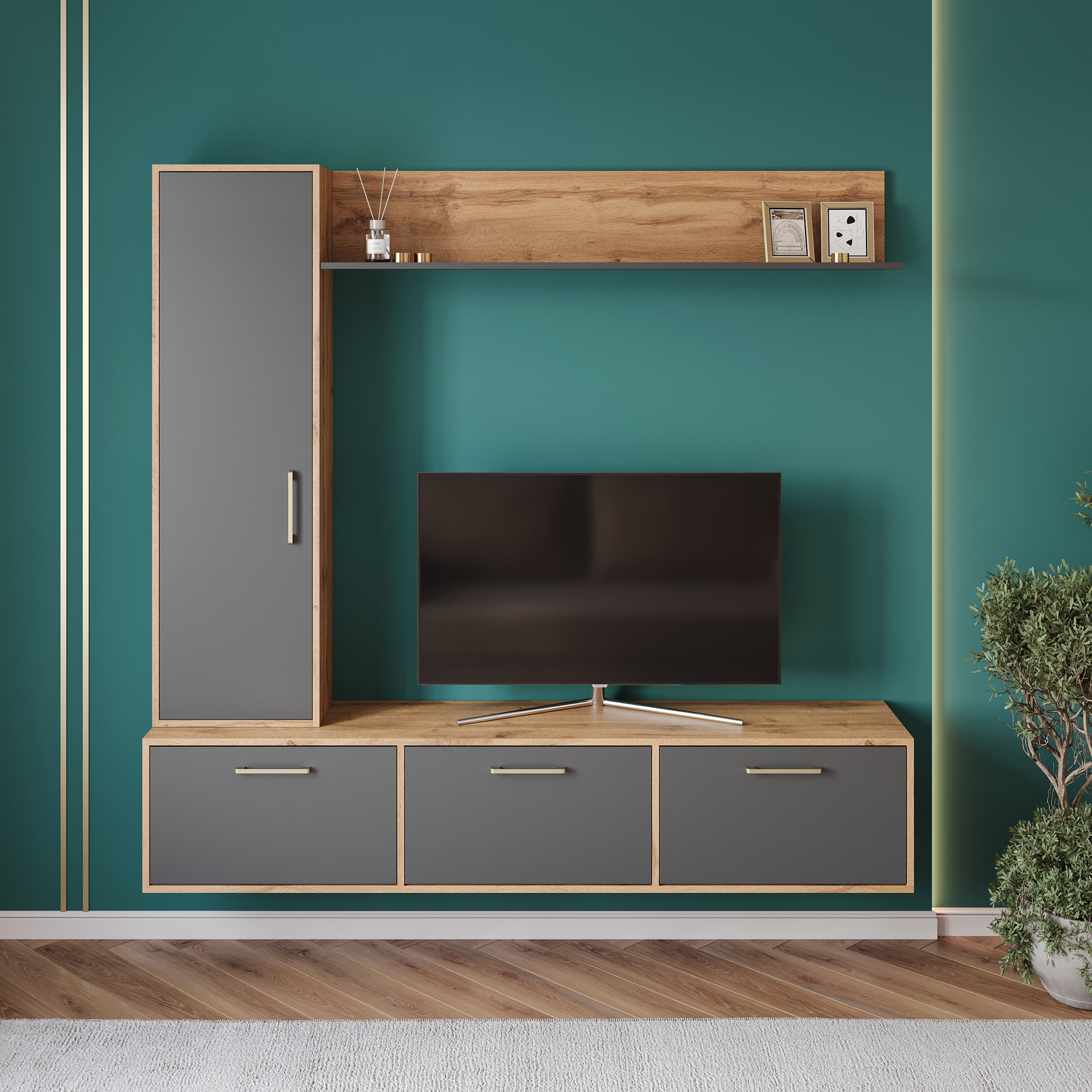 Стенка в гостиную DIWO Кострома 180-3 дуб вотан, антрацит, ручка золото