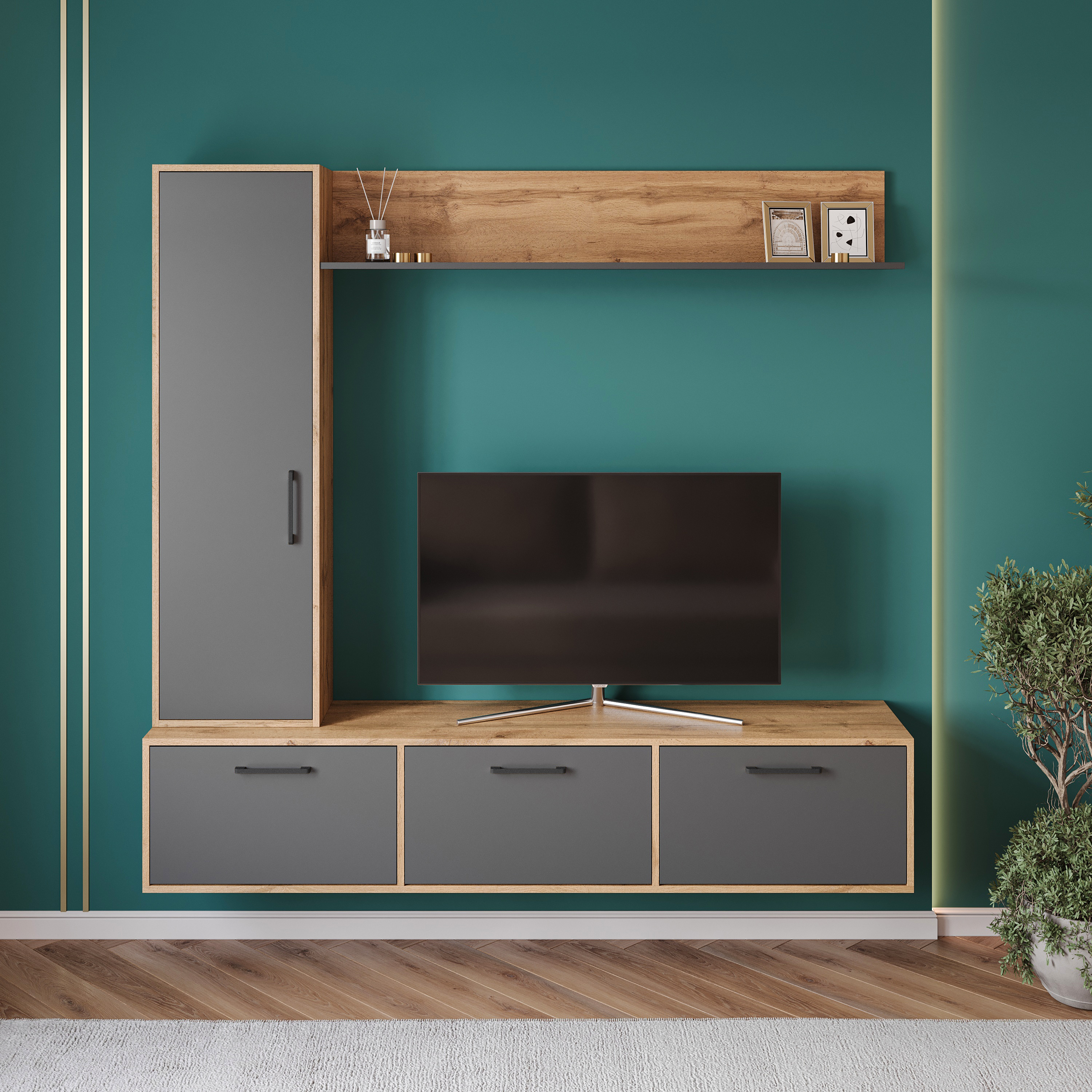 Стенка в гостиную DIWO Кострома 180-3 дуб вотан, антрацит, ручка черная