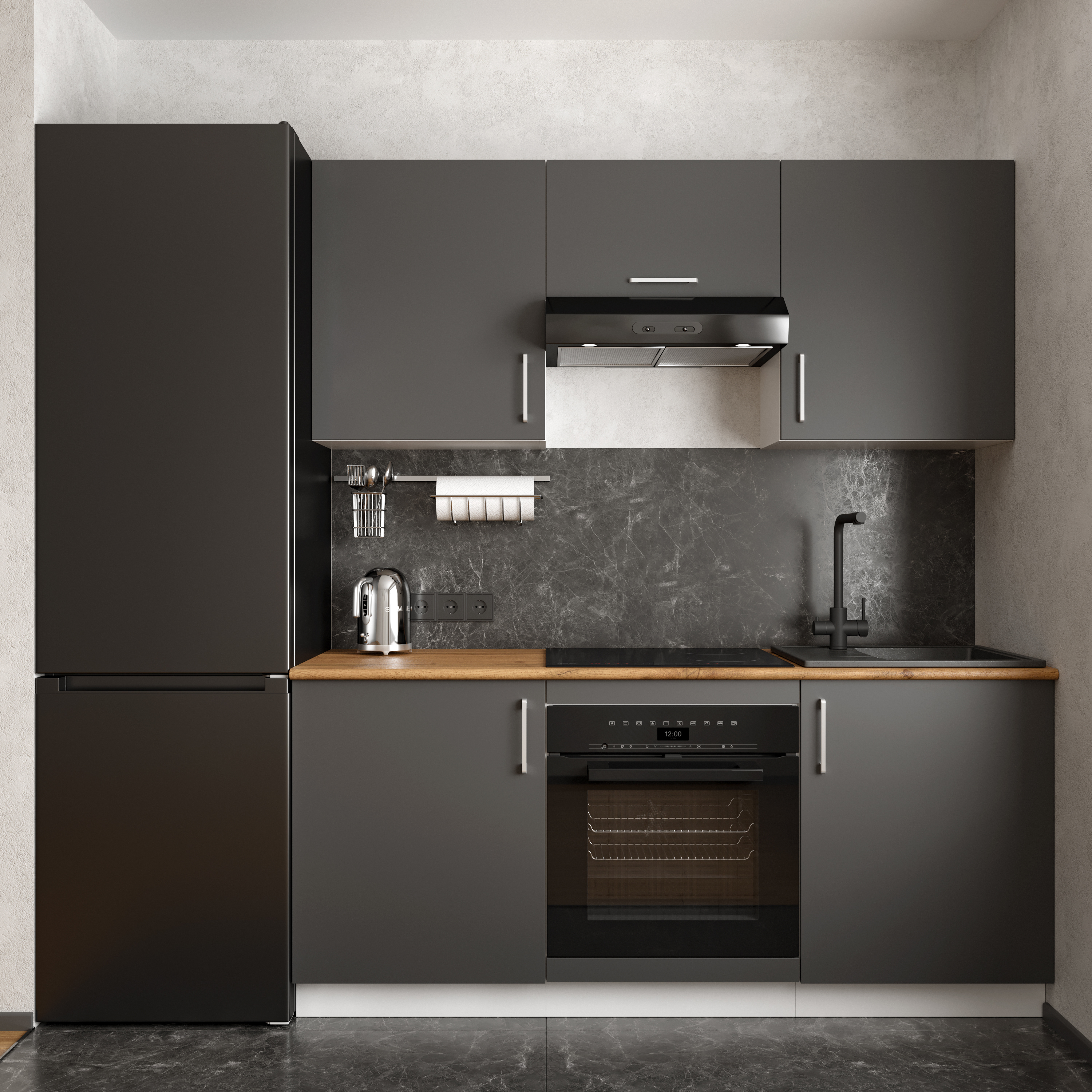 Кухонный гарнитур Domaci Болонья 180 см, фасад графит, ручка хром, столешница дуб вотан KUH-767407