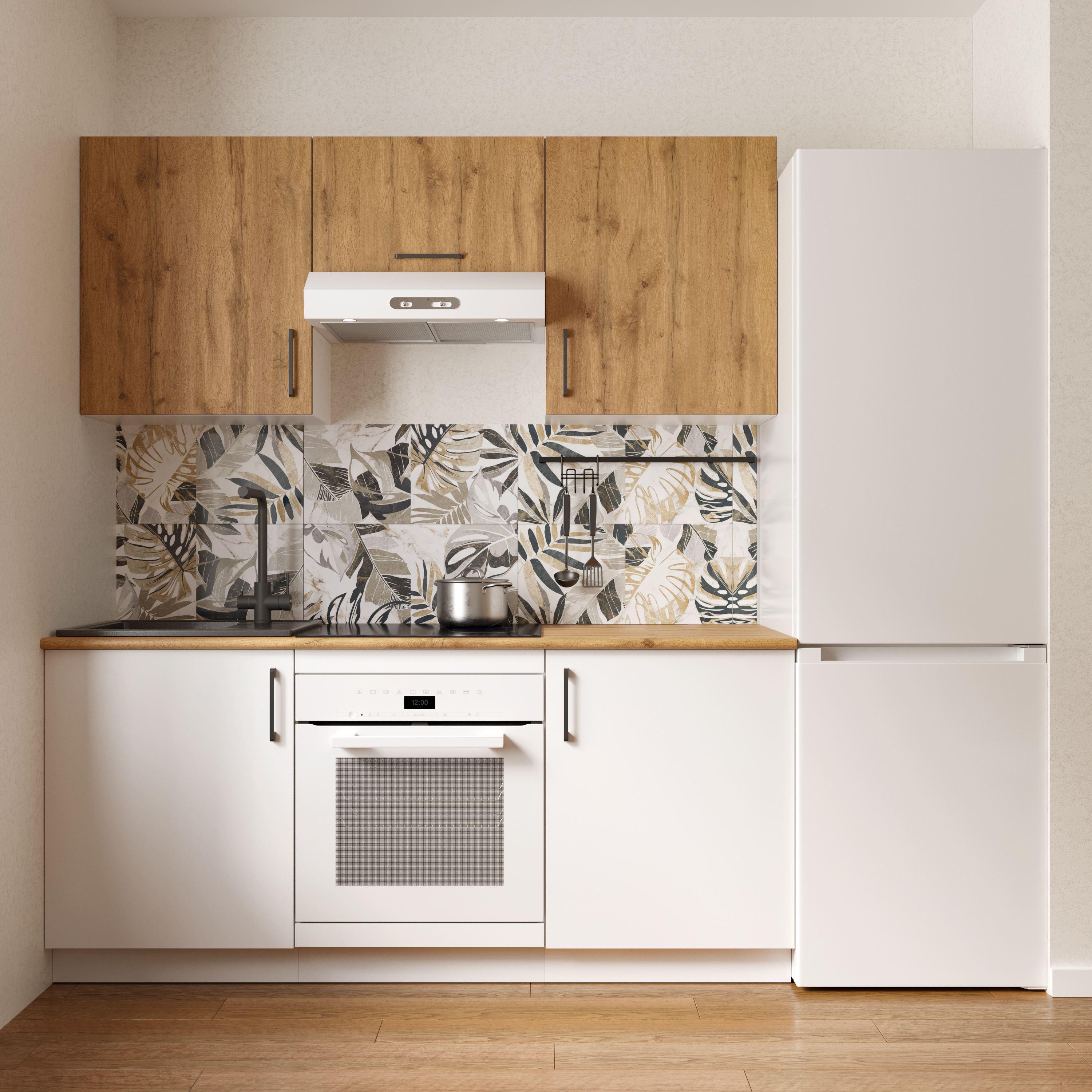 Кухонный гарнитур Domaci Болонья 180 см, фасад белый, дуб вотан, ручка черная, столешница дуб вотан KUH-767412