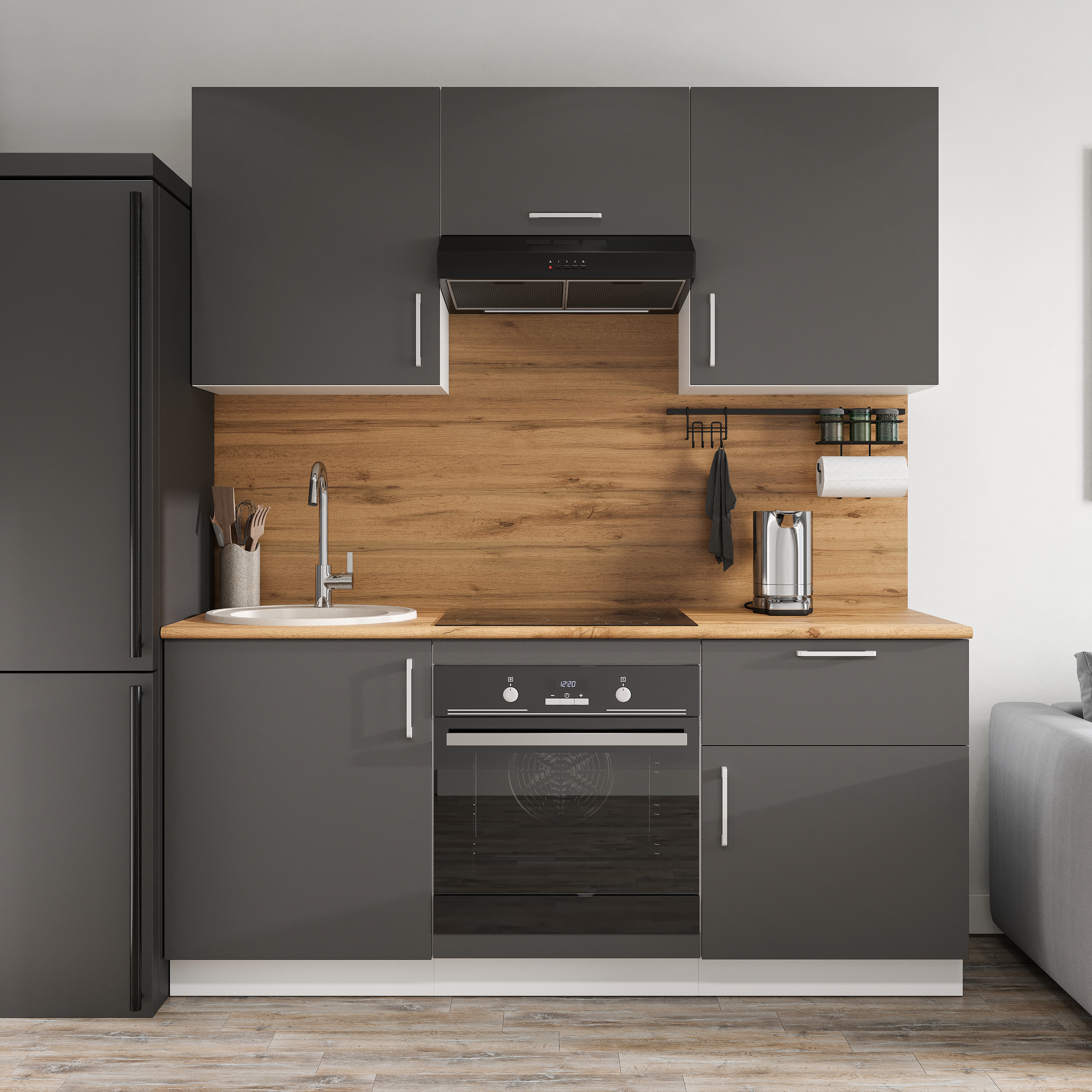 Кухонный гарнитур Domaci Болонья 180 см, фасад графит, ручка хром, столешница дуб вотан KUH-767418