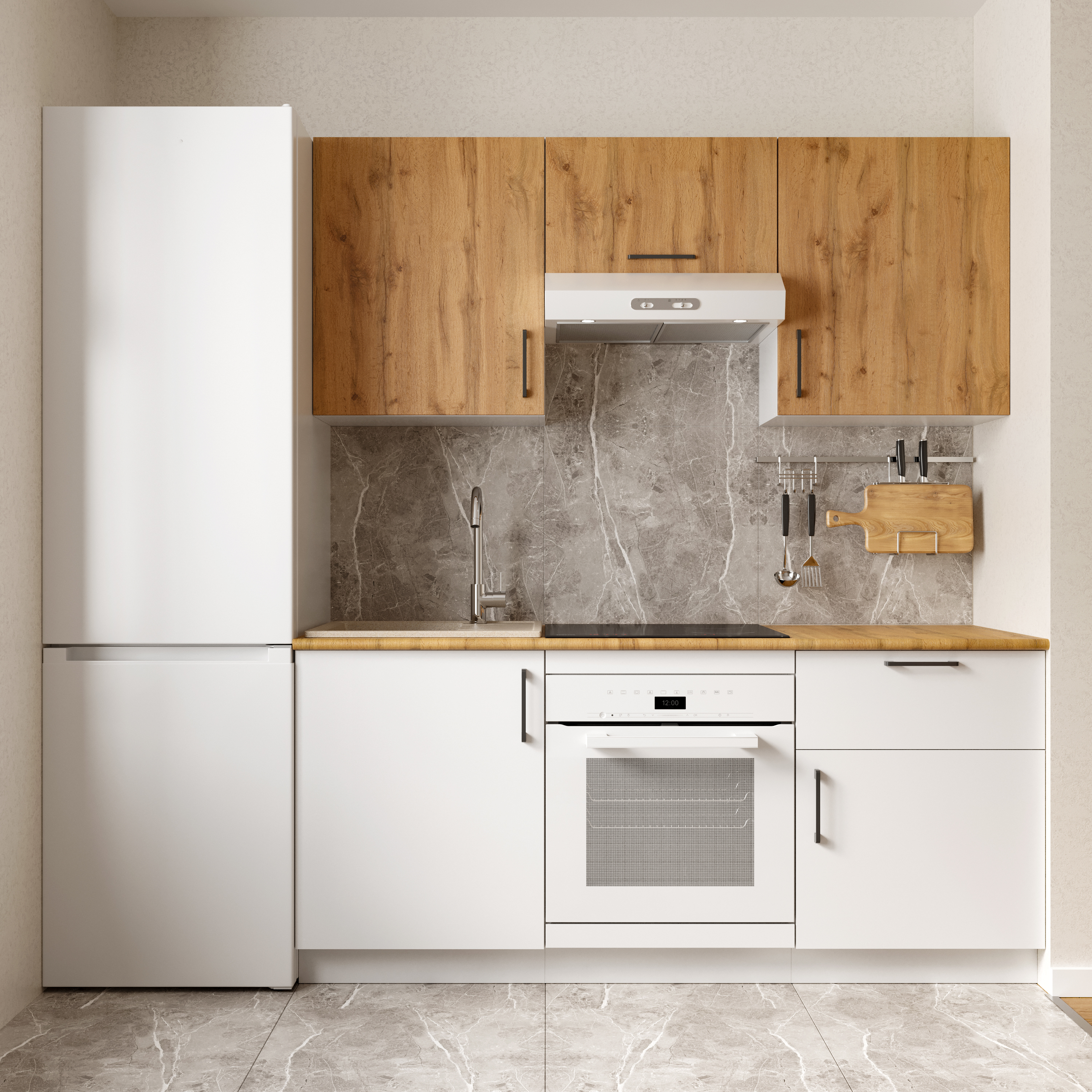 Кухонный гарнитур Domaci Болонья 180 см, фасад белый, дуб вотан, ручка черная, столешница дуб вотан KUH-767422