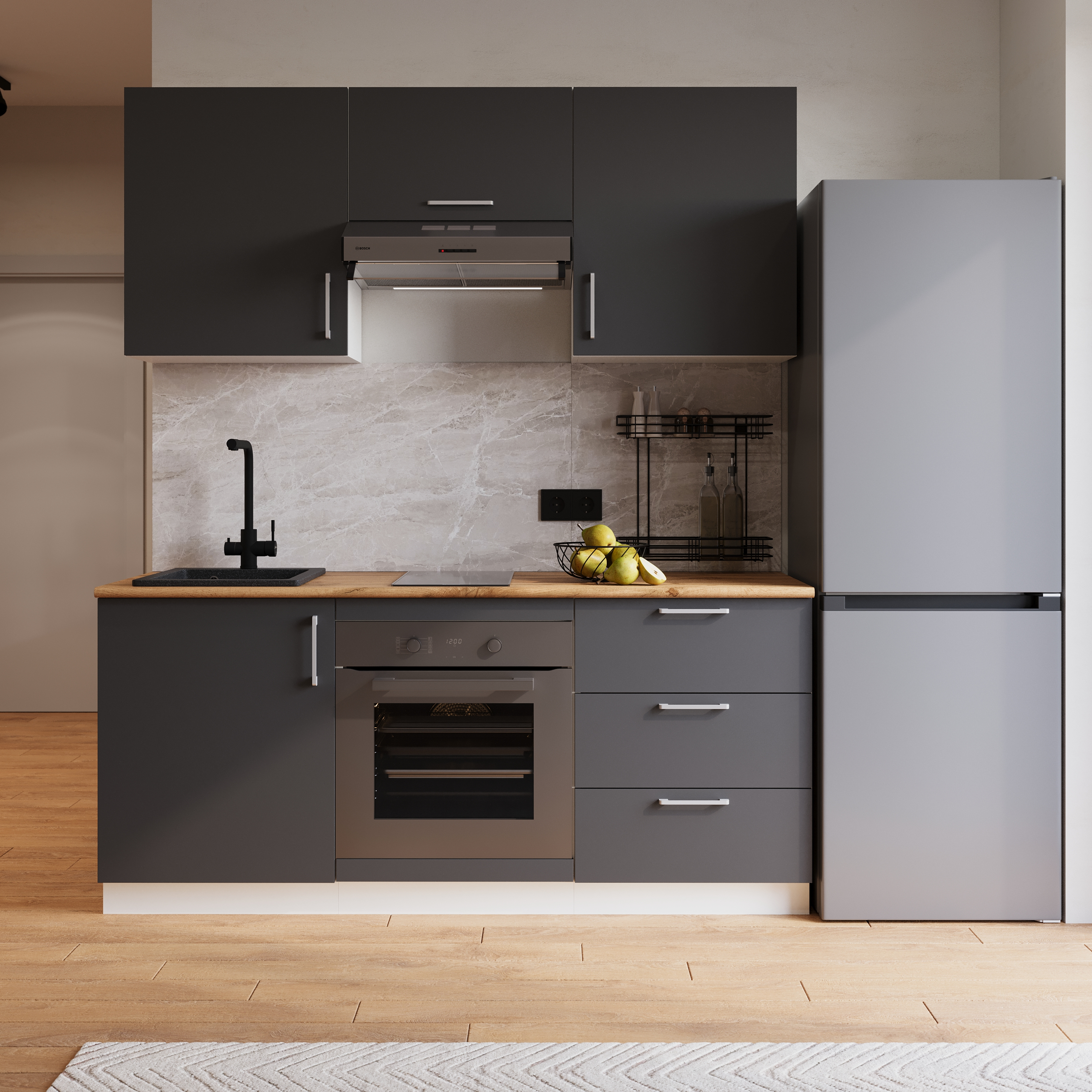 Кухонный гарнитур Domaci Болонья 180 см, фасад графит, ручка хром, столешница дуб вотан KUH-767447