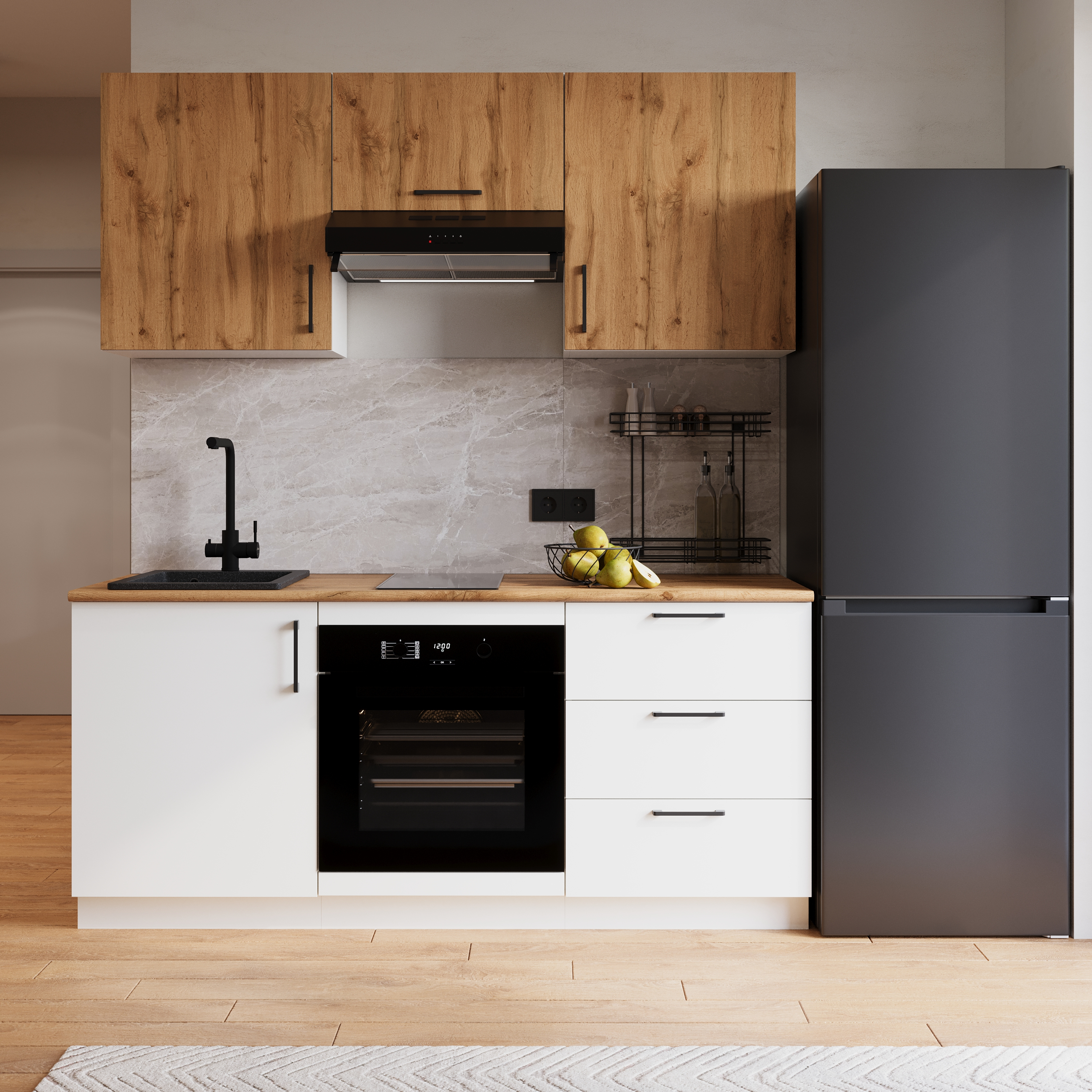 Кухонный гарнитур Domaci Болонья 180 см, фасад белый, дуб вотан, ручка черная, столешница дуб вотан KUH-767451