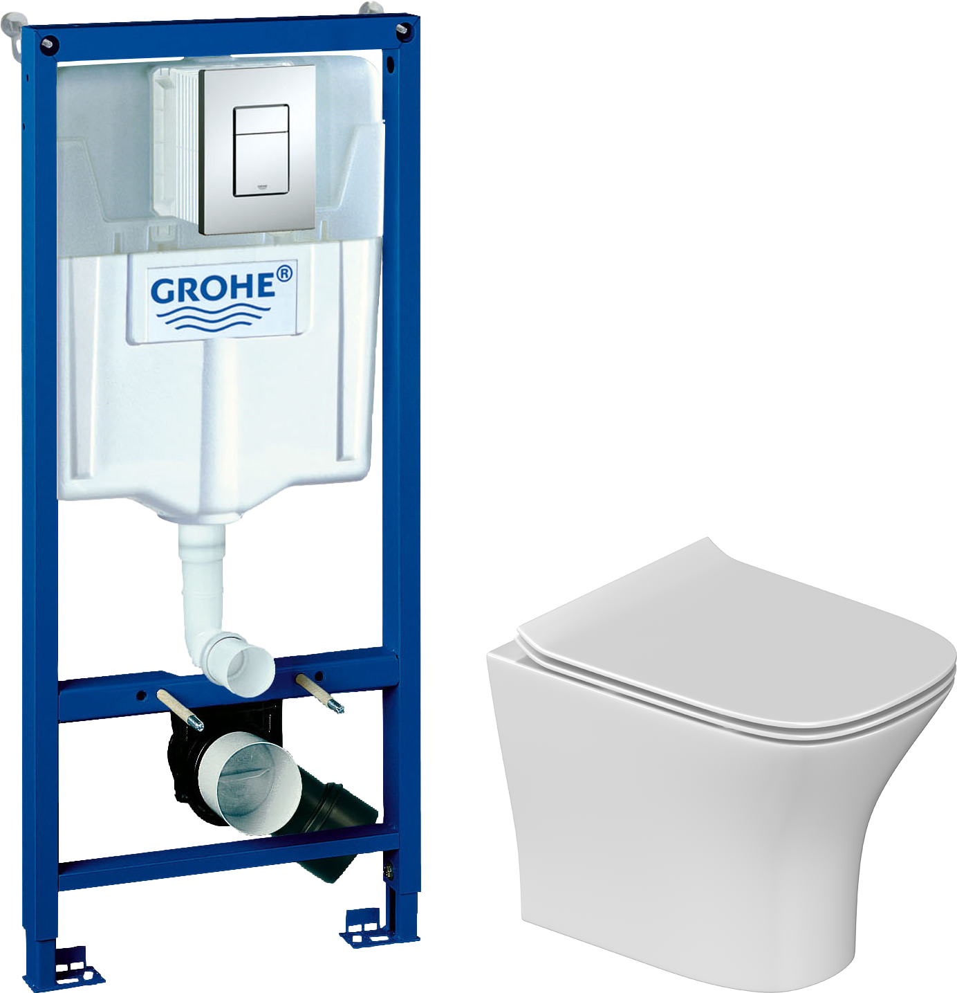 Комплект 5 в 1: Инсталляция Grohe Rapid SL 38772001 + Унитаз подвесной STWORKI Олланд S01401WH + Сиденье с микролифтом + Кнопка хром + Комплект креплений