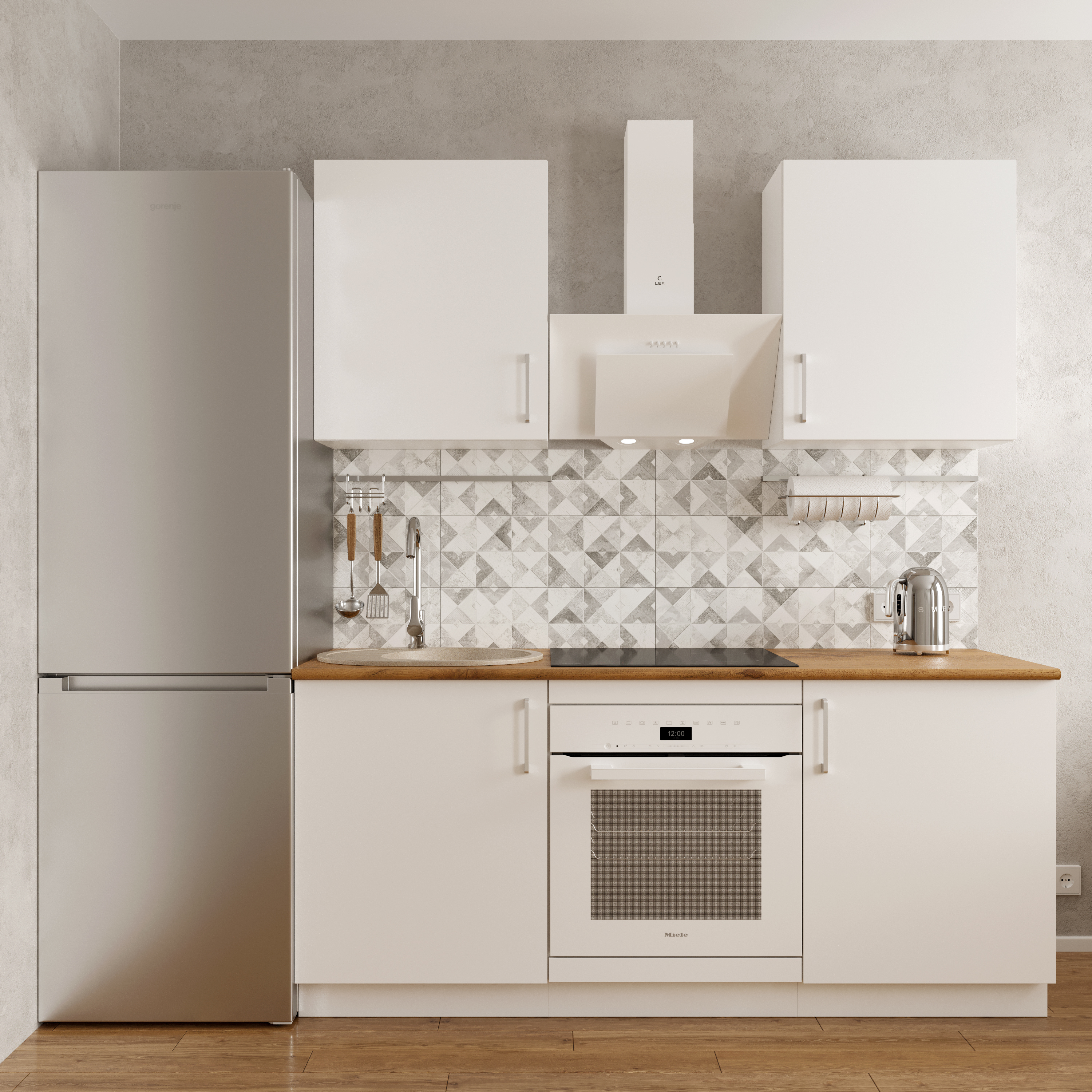 Кухонный гарнитур Domaci Болонья 180 см, фасад белый, ручка хром, столешница дуб вотан KUH-767458