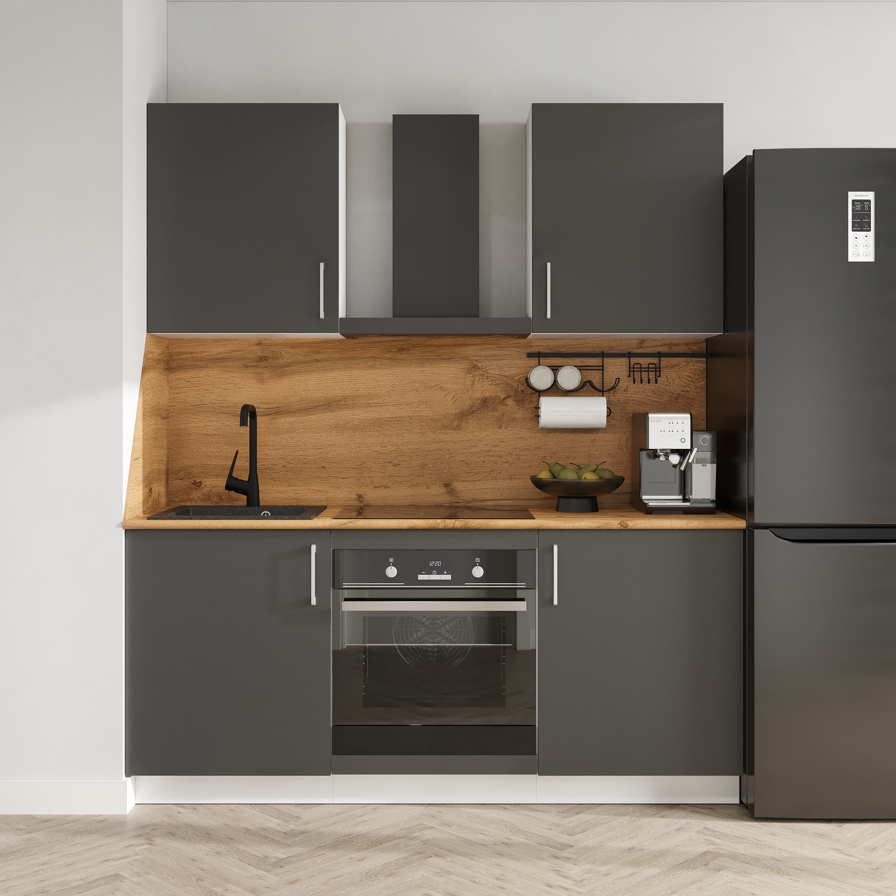 Кухонный гарнитур Domaci Болонья 180 см, фасад графит, ручка хром, столешница дуб вотан KUH-767462