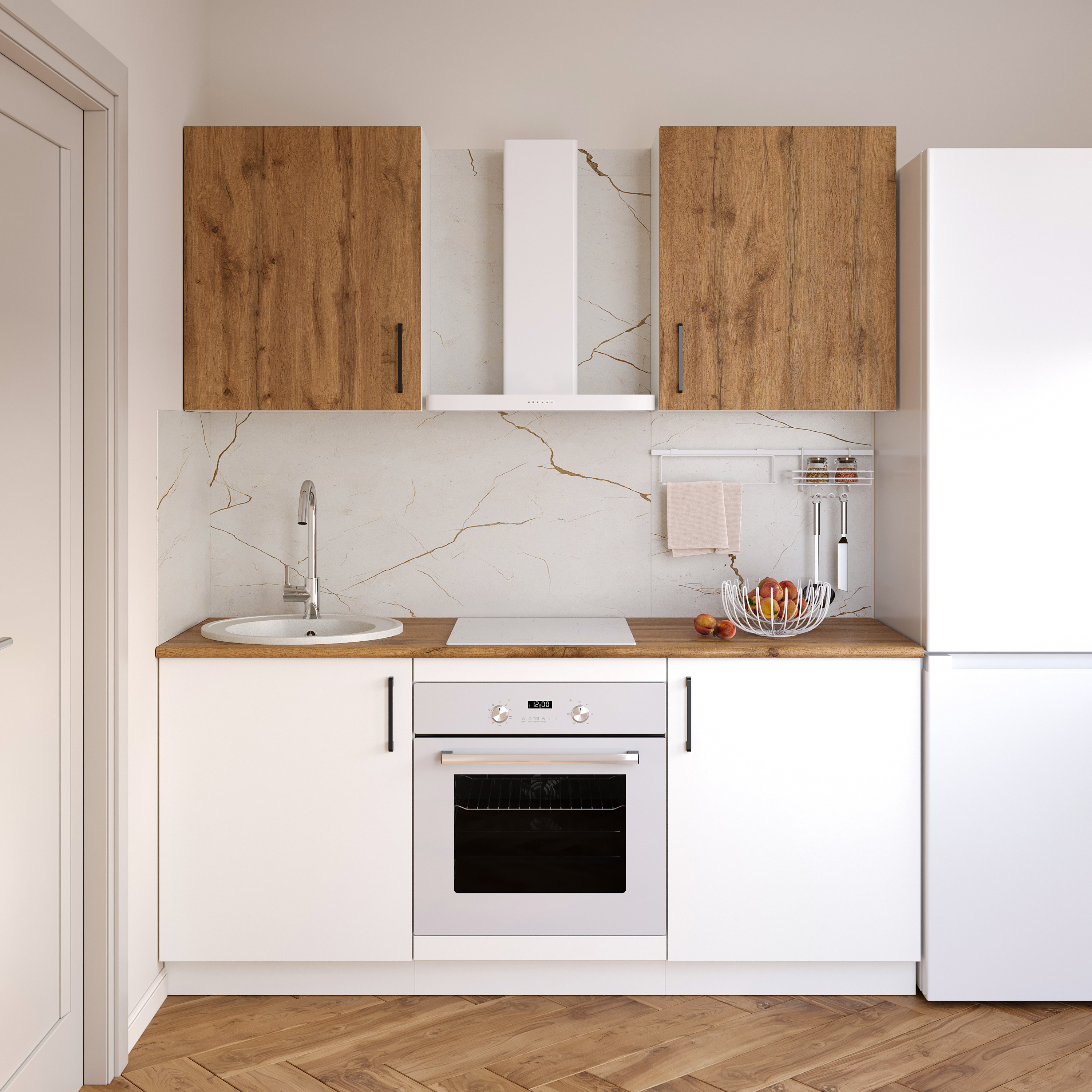 Кухонный гарнитур Domaci Болонья 180 см, фасад белый, дуб вотан, ручка черная, столешница дуб вотан KUH-767470