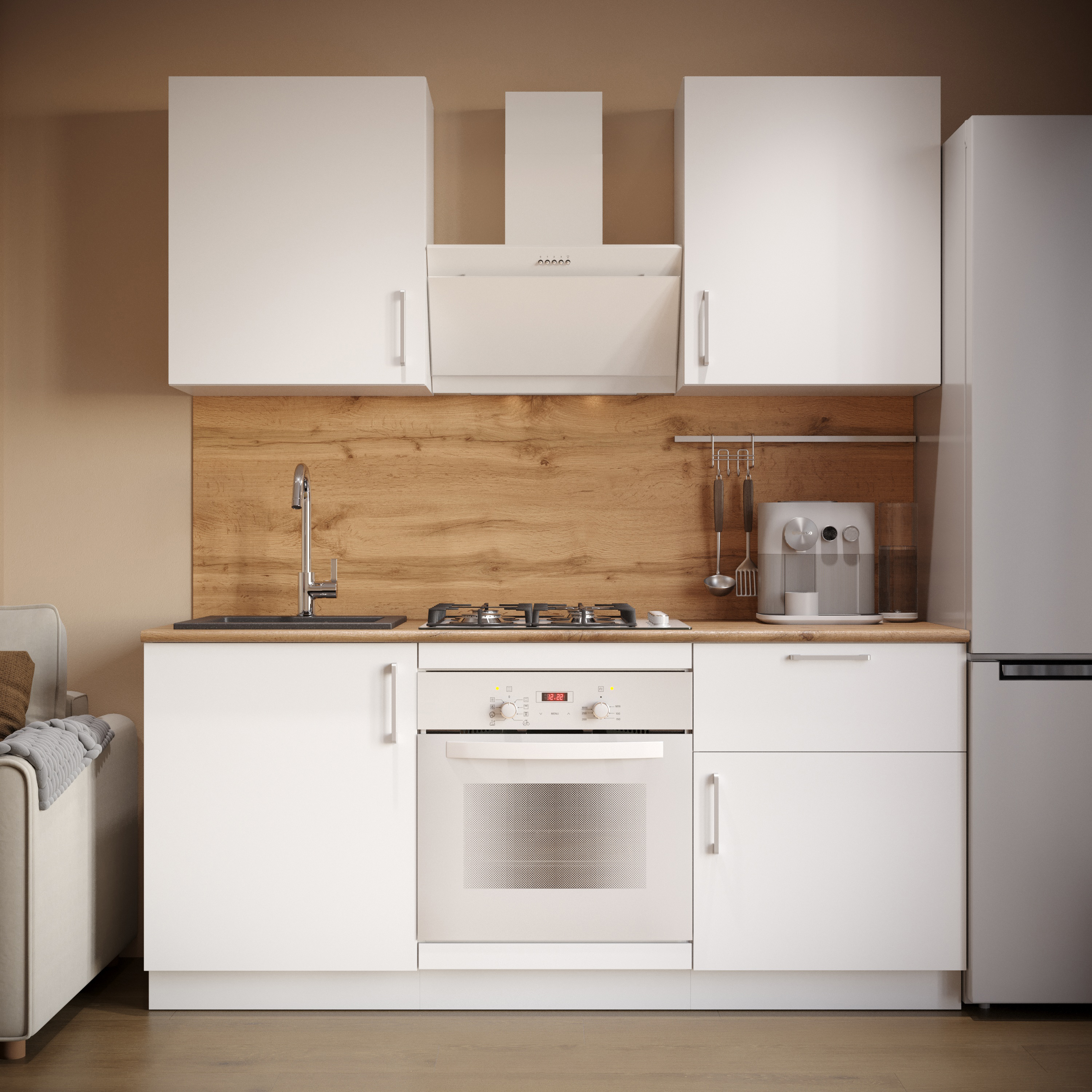 Кухонный гарнитур Domaci Болонья 180 см, фасад белый, ручка хром, столешница дуб вотан KUH-767475
