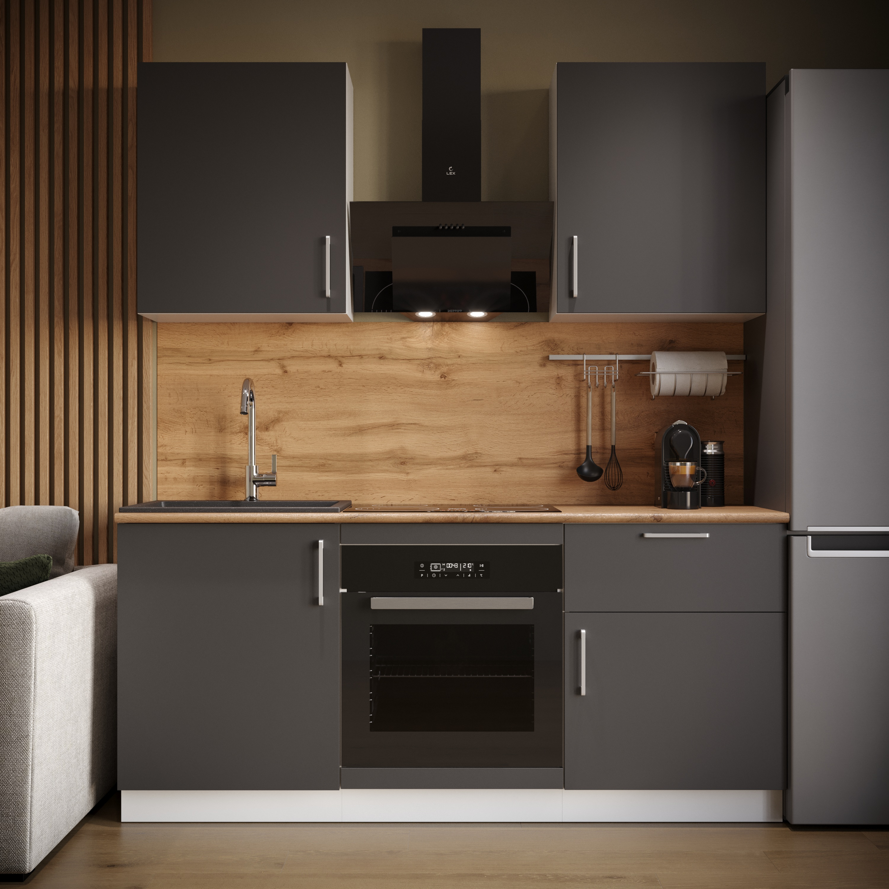 Кухонный гарнитур Domaci Болонья 180 см, фасад графит, ручка хром, столешница дуб вотан KUH-767485