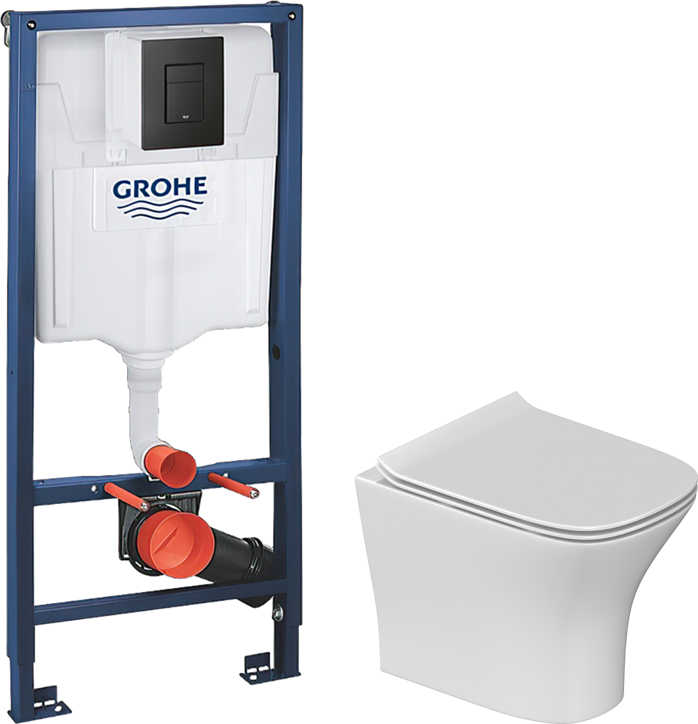 Комплект 5 в 1: Инсталляция Grohe Solido 38811KF0 + Унитаз подвесной STWORKI Олланд S01401WH + Сиденье с микролифтом + Кнопка черная + Комплект креплений