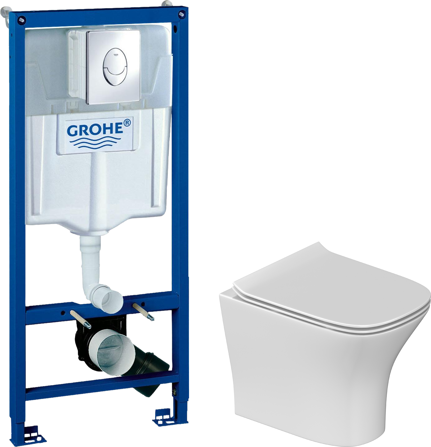 Комплект 5 в 1: Инсталляция Grohe Rapid SL 38721001 + Унитаз подвесной STWORKI Олланд S01401WH + Сиденье с микролифтом + Кнопка хром + Комплект креплений
