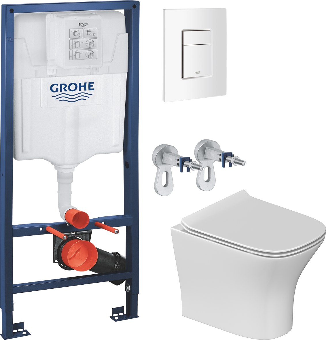 Комплект 5 в 1: Инсталляция Grohe Rapid SL 38772SH0 + Унитаз подвесной STWORKI Олланд S01401WH + Сиденье с микролифтом + Кнопка белая + Комплект креплений