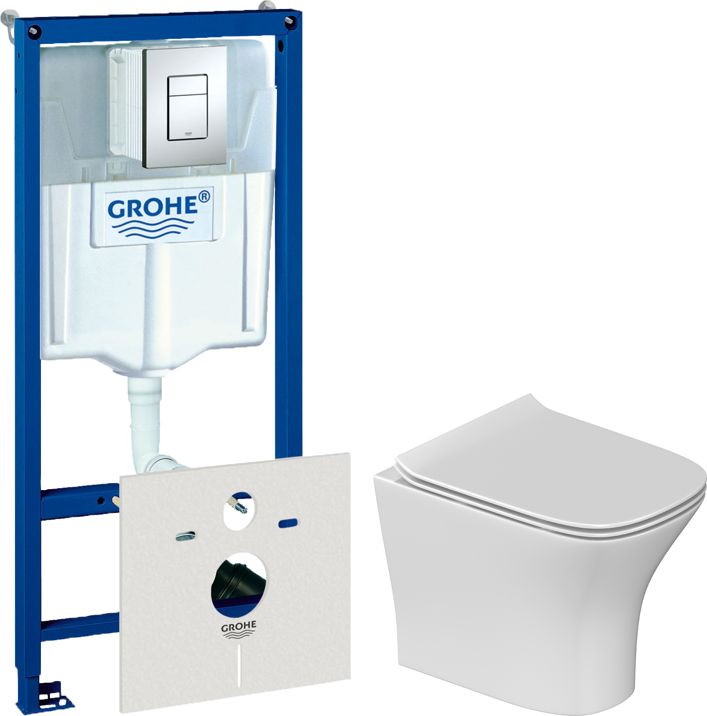 Комплект 5 в 1: Инсталляция Grohe Rapid SL 38775001 + Унитаз подвесной STWORKI Олланд S01401WH + Сиденье с микролифтом + Кнопка хром + Комплект креплений