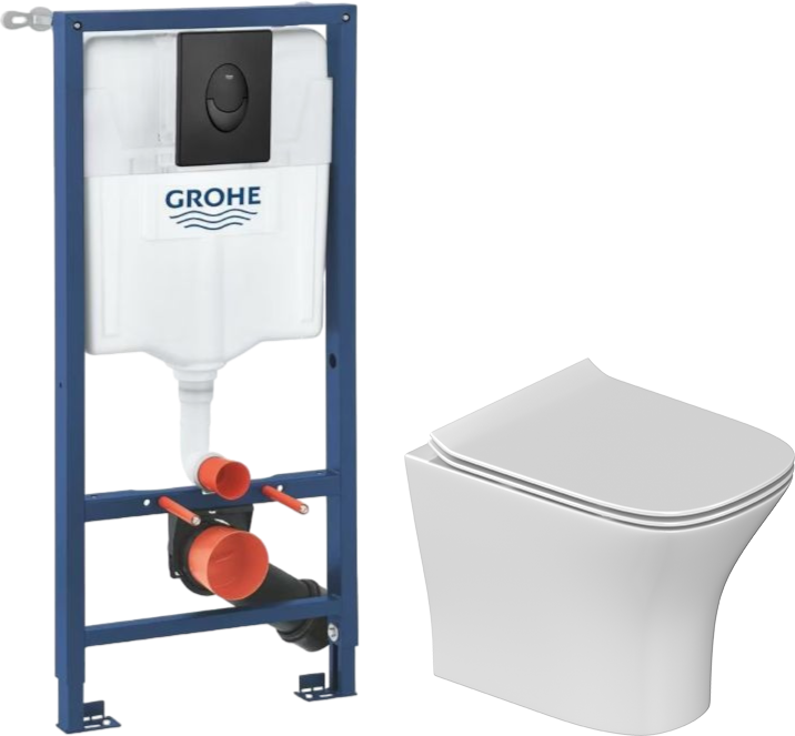 Комплект 5 в 1: Инсталляция Grohe Rapid SL 1000044 + Унитаз подвесной STWORKI Олланд S01401WH + Сиденье с микролифтом + Кнопка черная + Комплект креплений