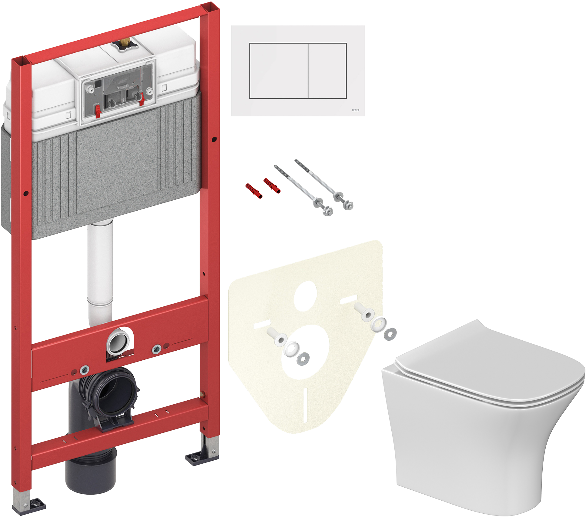 Комплект 5 в 1: Инсталляция TECE Base 9400413 + Унитаз подвесной STWORKI Олланд S01401WH + Сиденье с микролифтом + Кнопка белая + Комплект шумоизоляции, креплений