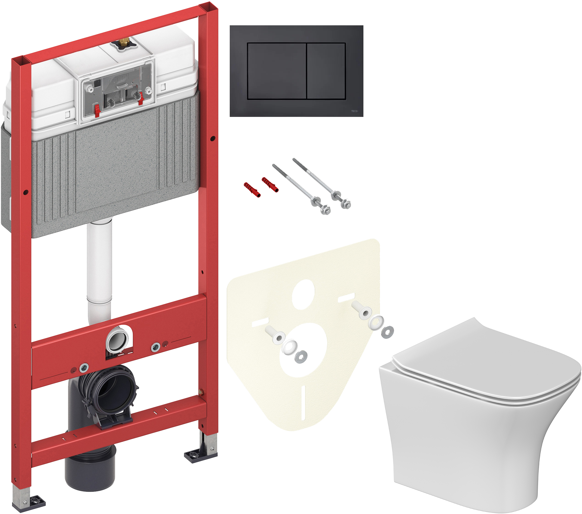 Комплект 5 в 1: Инсталляция TECE Now 9400414 + Унитаз подвесной STWORKI Олланд S01401WH + Сиденье с микролифтом + Кнопка черная + Комплект шумоизоляции, креплений