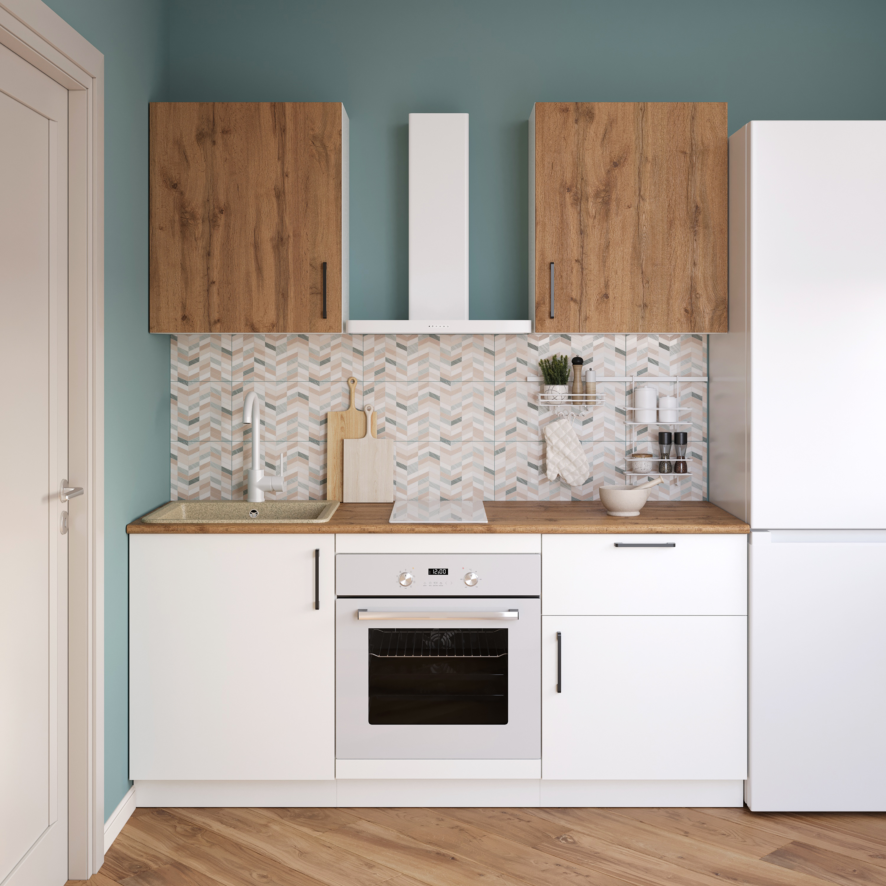 Кухонный гарнитур Domaci Болонья 180 см, фасад белый, дуб вотан, ручка черная, столешница дуб вотан KUH-767494