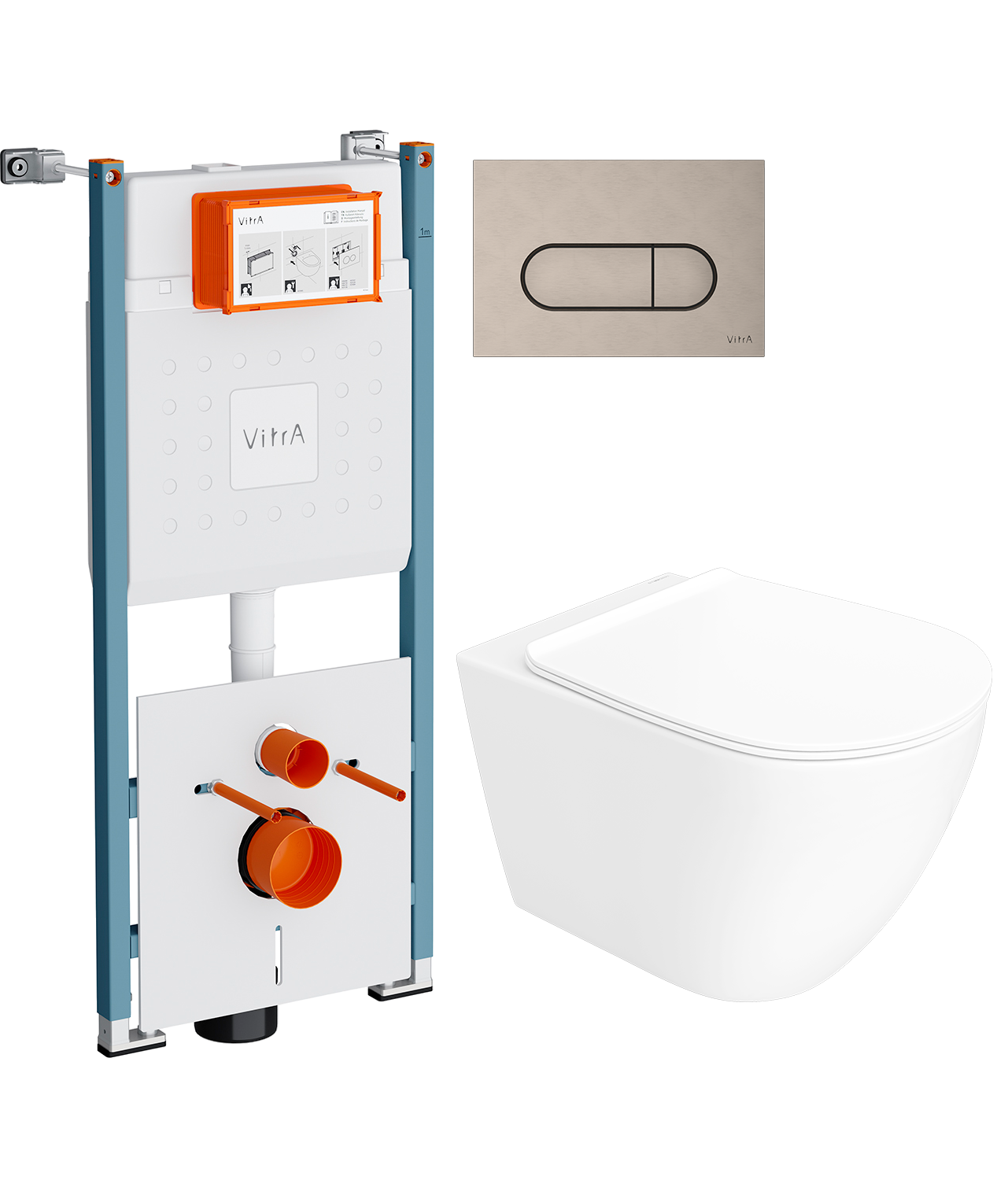 Комплект 3 в 1 Унитаз подвесной STWORKI Готланд S13401WH безободковый, с микролифтом, глянцевый белый, антивсплеск + Инсталляция VitrA V-Fix Core 732-5800-01PV + Кнопка Root Round 740-2295 цвет никель