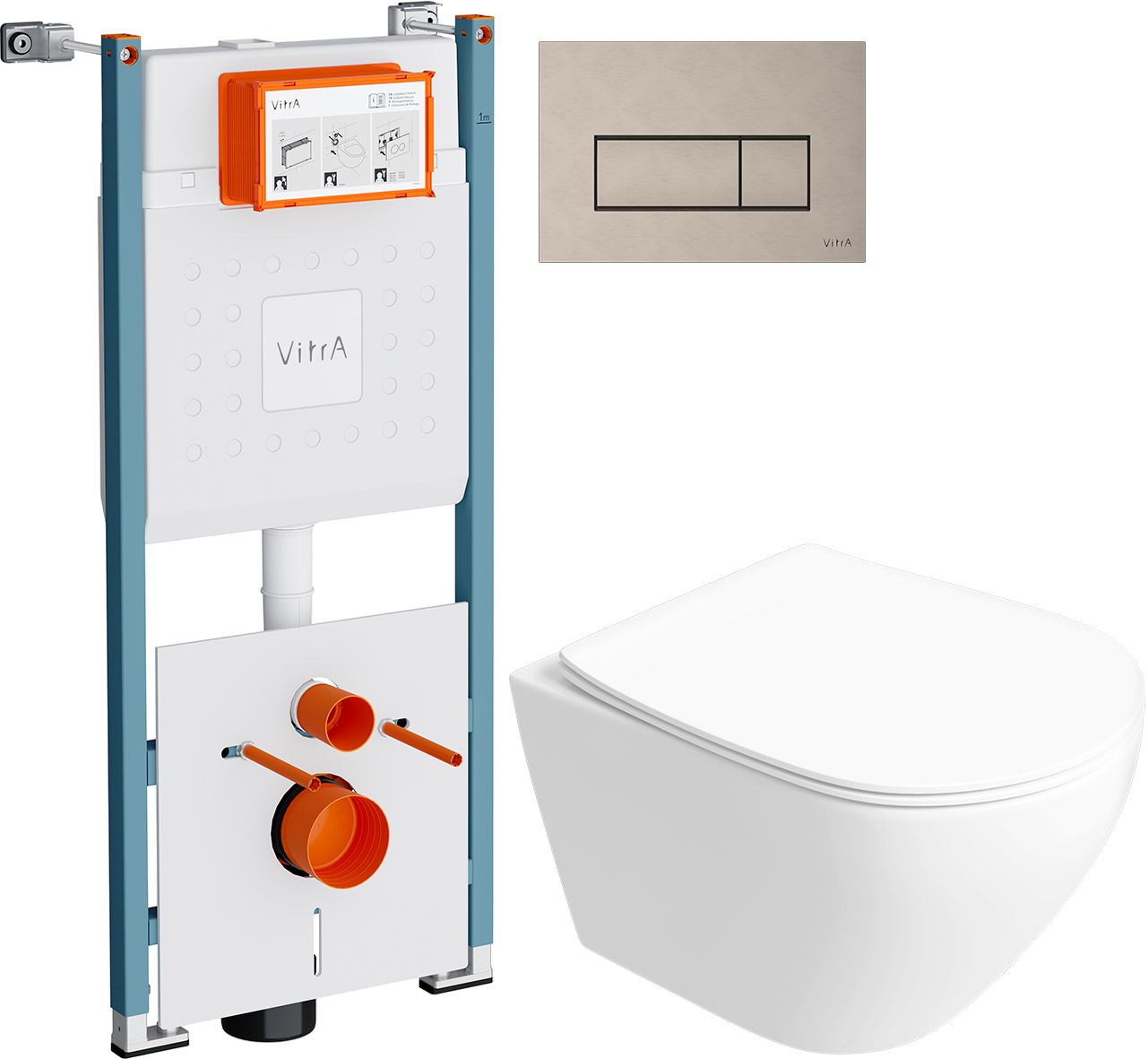 Комплект 6 в 1: Инсталляция VitrA V-Fix Core 732-5800-01PV + Унитаз подвесной Кронборг S28401WH безободковый + Сиденье с микролифтом + Кнопка Root Square никель + Комплект шумоизоляции, креплений