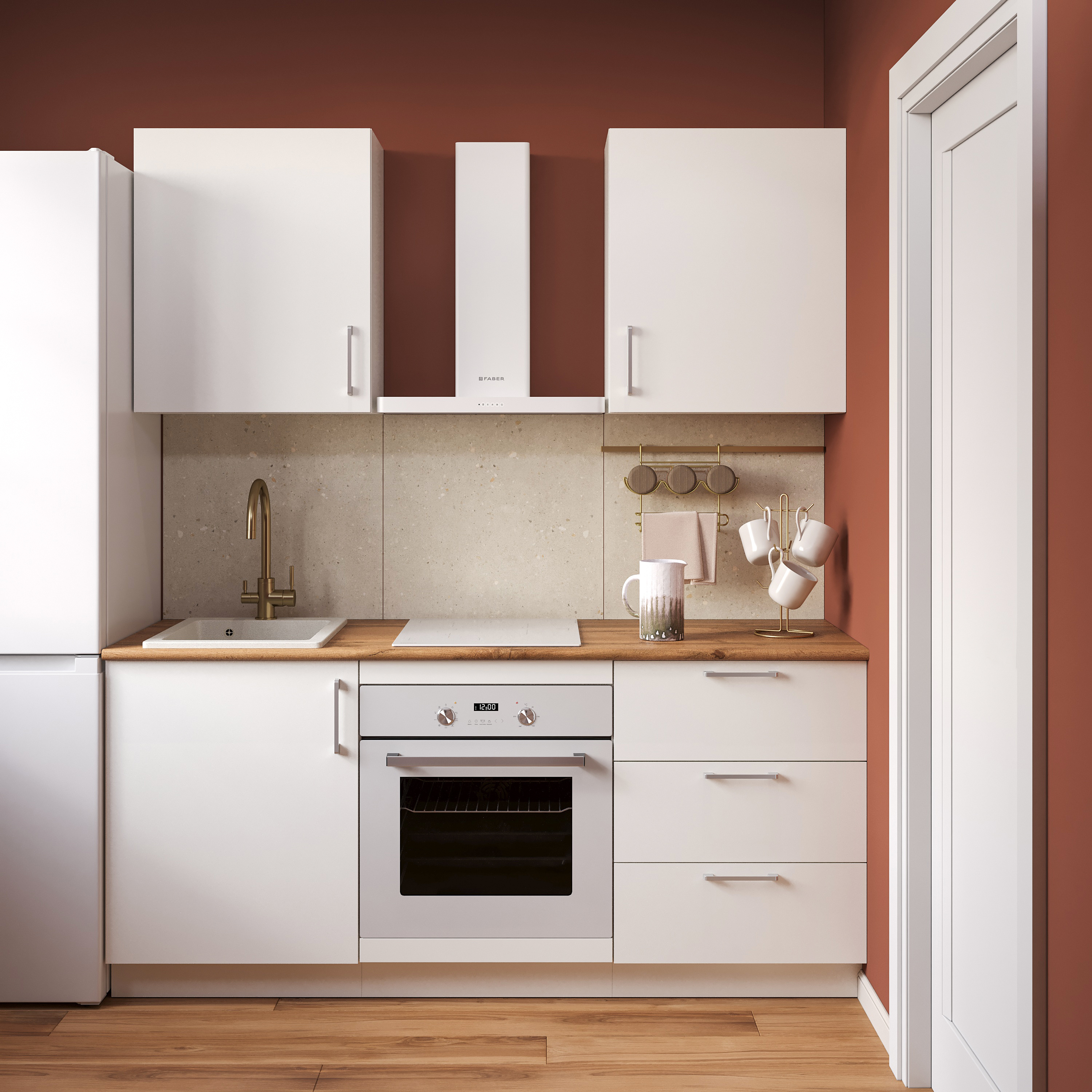 Кухонный гарнитур Domaci Болонья 180 см, фасад белый, ручка хром, столешница дуб вотан KUH-767509