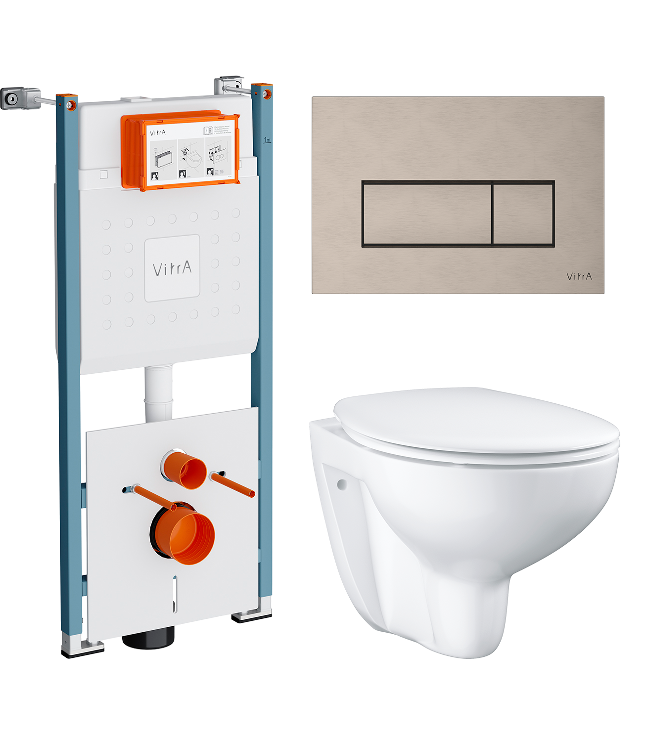 Комплект 3 в 1 Унитаз подвесной Grohe Bau Ceramic 39351000 + Инсталляция VitrA V-Fix Core 732-5800-01PV + Кнопка Root Square 740-2395 цвет никель