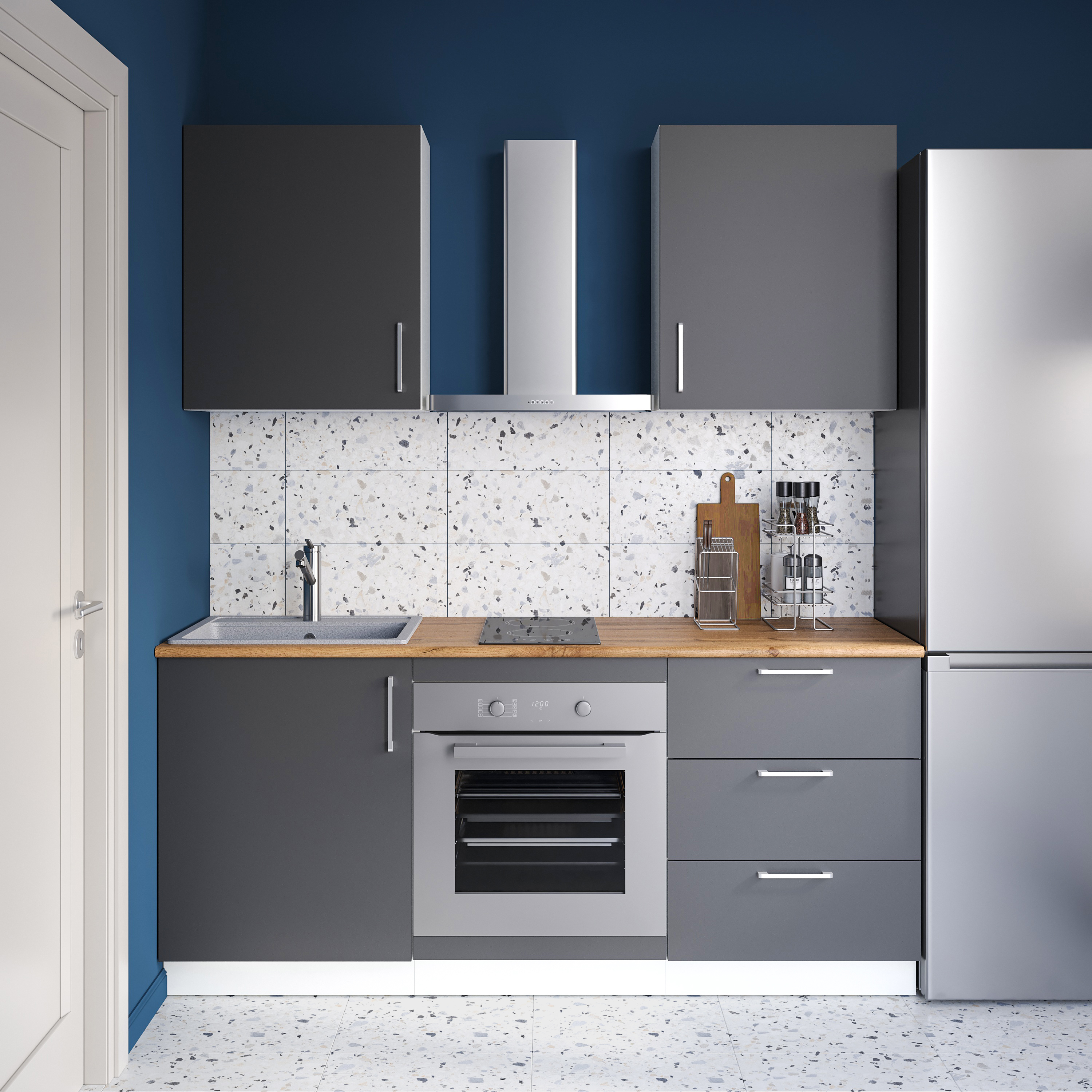 Кухонный гарнитур Domaci Болонья 180 см, фасад графит, ручка хром, столешница дуб вотан KUH-767512