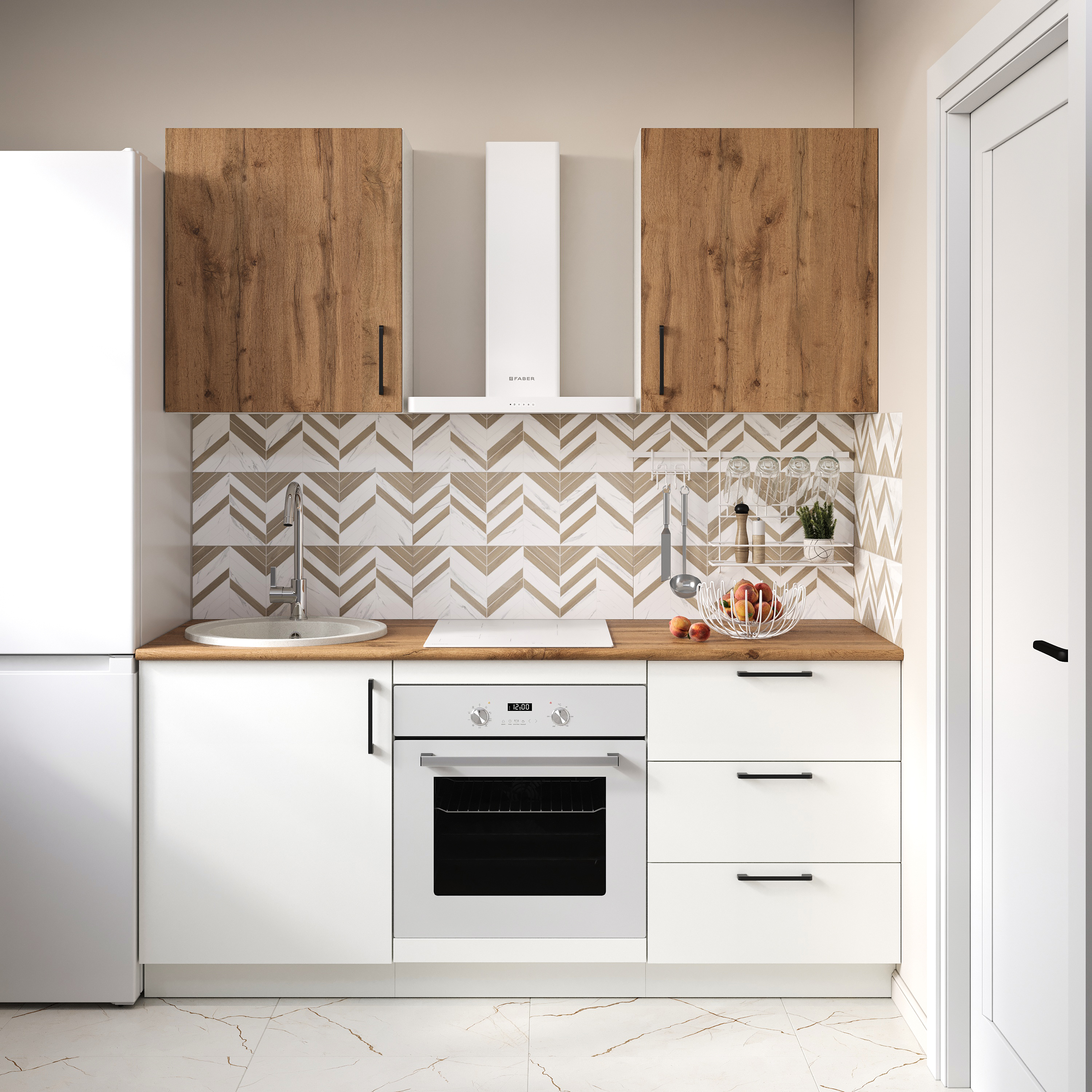 Кухонный гарнитур Domaci Болонья 180 см, фасад белый, дуб вотан, ручка черная, столешница дуб вотан KUH-767517