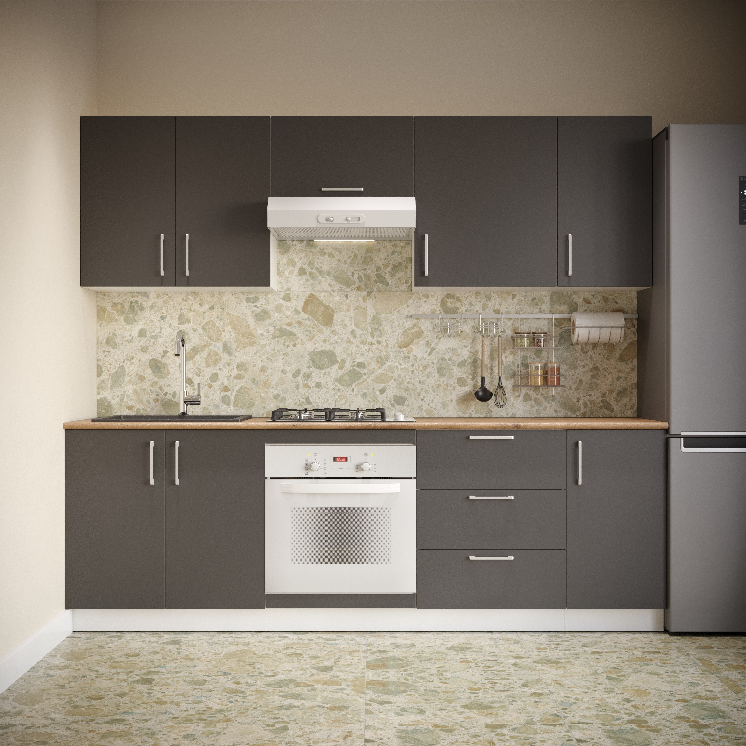 Кухонный гарнитур Domaci Болонья 240 см, фасад графит, ручка хром, столешница дуб вотан KUH-1000005