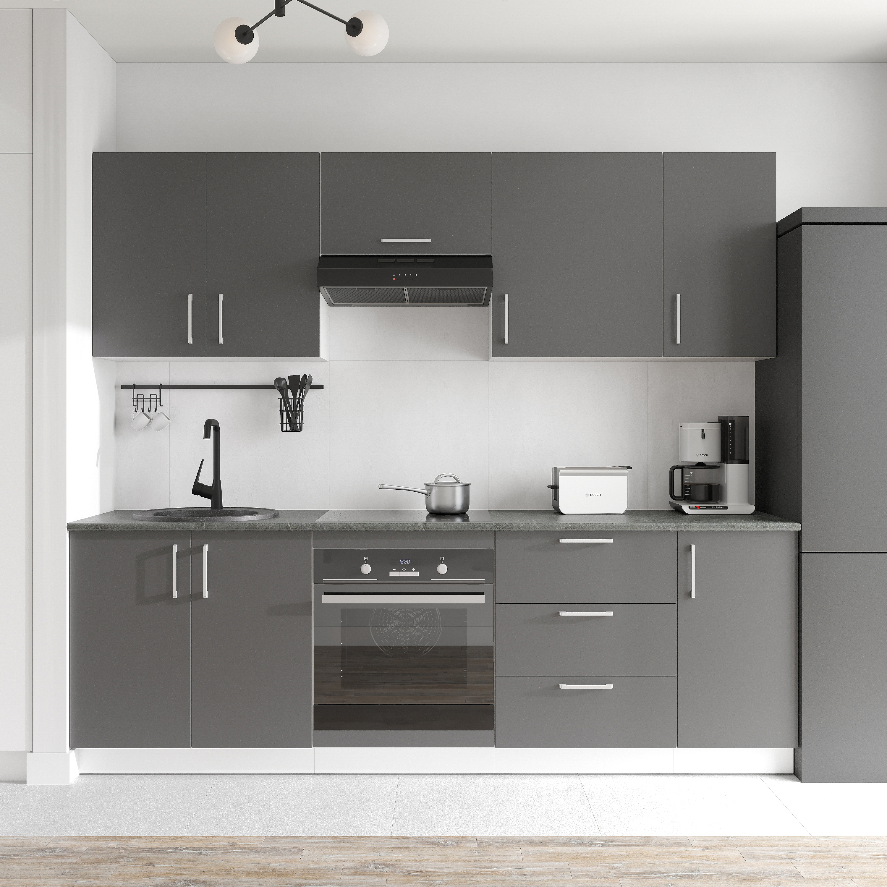 Кухонный гарнитур Domaci Болонья 240 см, фасад графит, ручка хром, столешница луна KUH-1000006