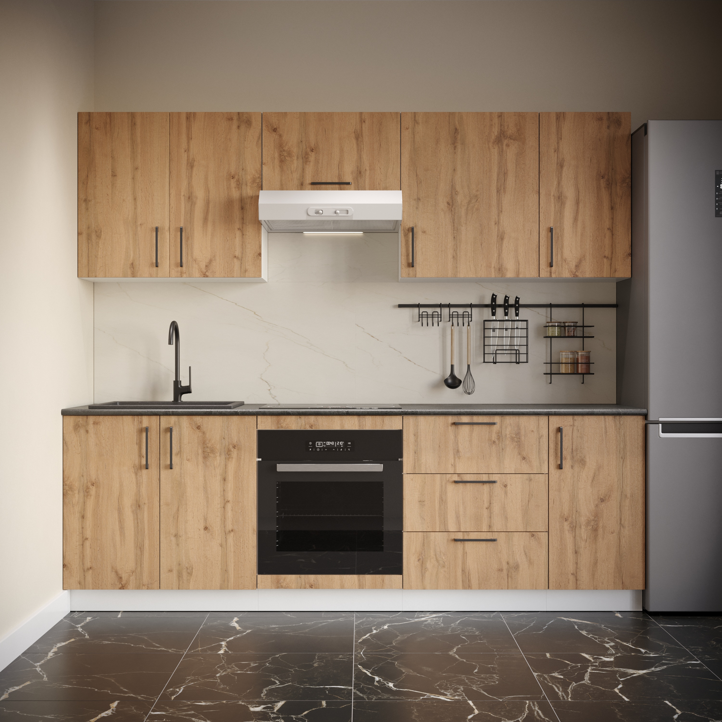 Кухонный гарнитур Domaci Болонья 240 см, фасад дуб вотан, ручка черная, столешница луна KUH-1000007