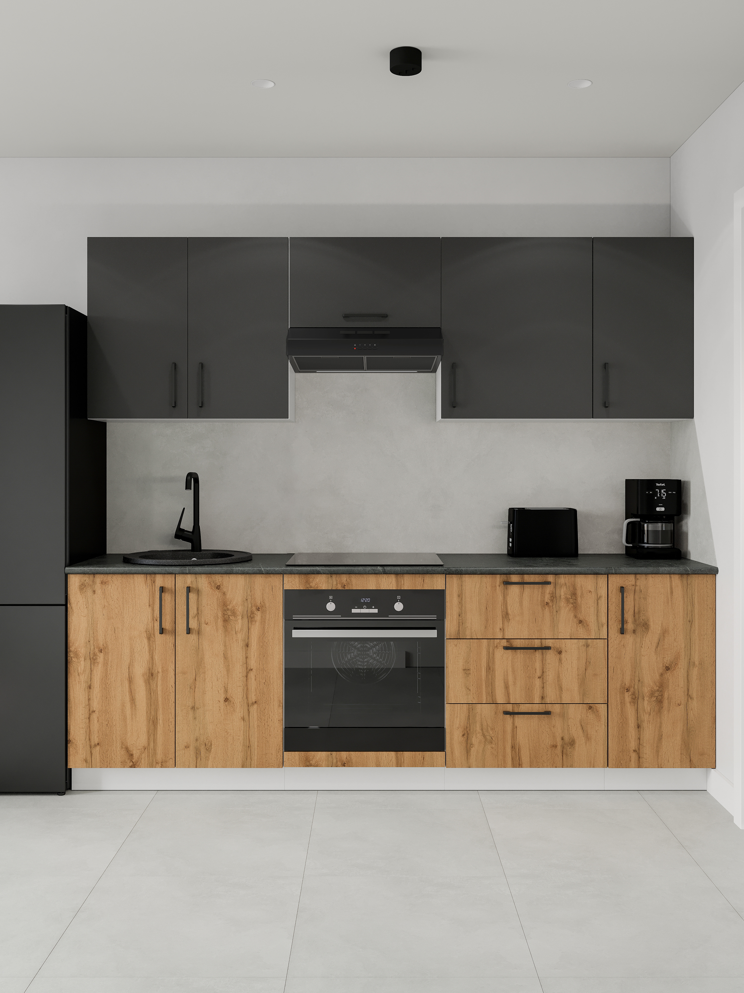 Кухонный гарнитур Domaci Болонья 240 см, фасад дуб вотан, графит, ручка черная, столешница луна KUH-1000010