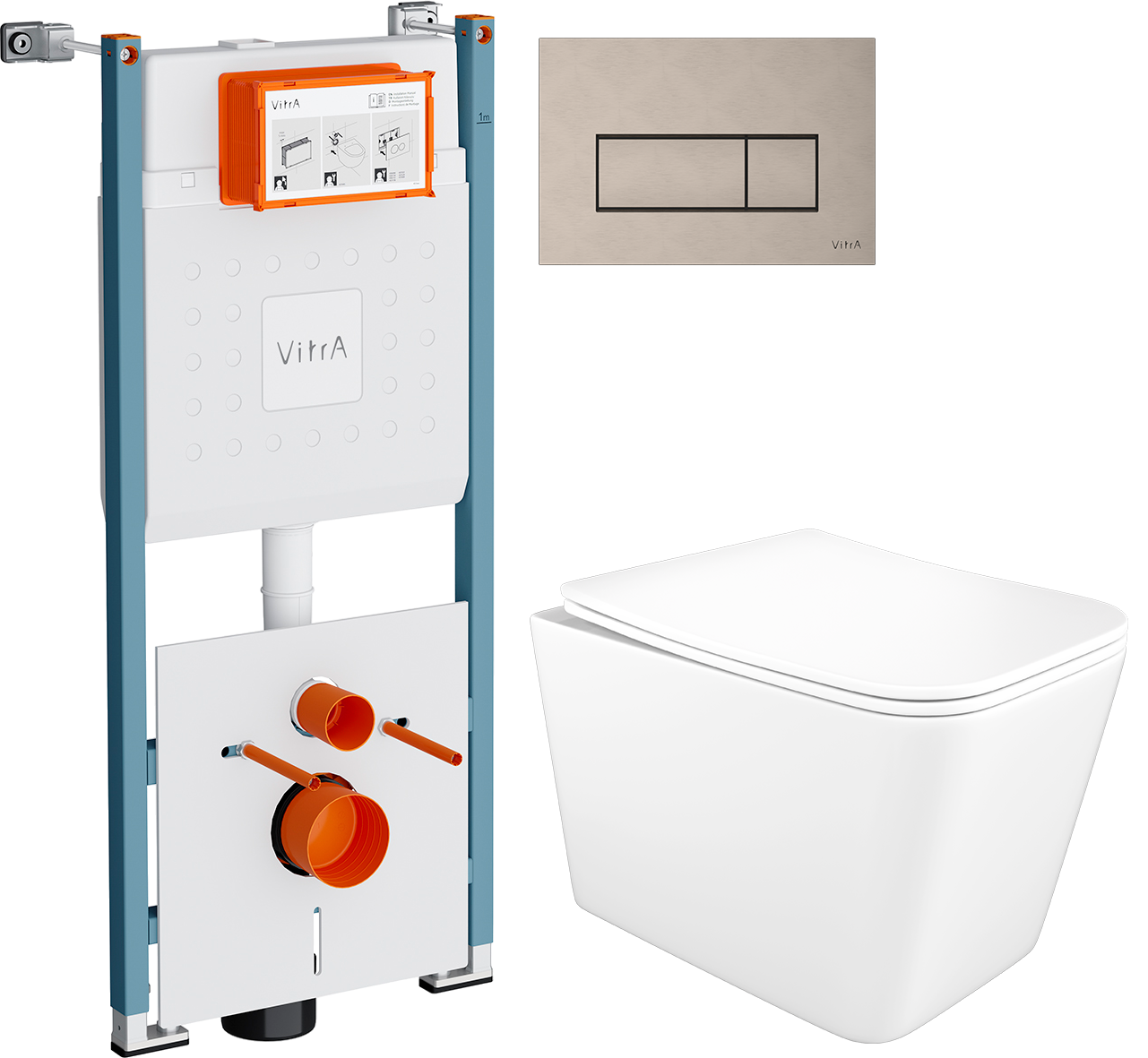 Комплект 3 в 1 Унитаз подвесной STWORKI Молде S23401WH безободковый, с микролифтом, антивсплеск + Инсталляция VitrA V-Fix Core 732-5800-01PV + Кнопка Root Square 740-2395 цвет никель