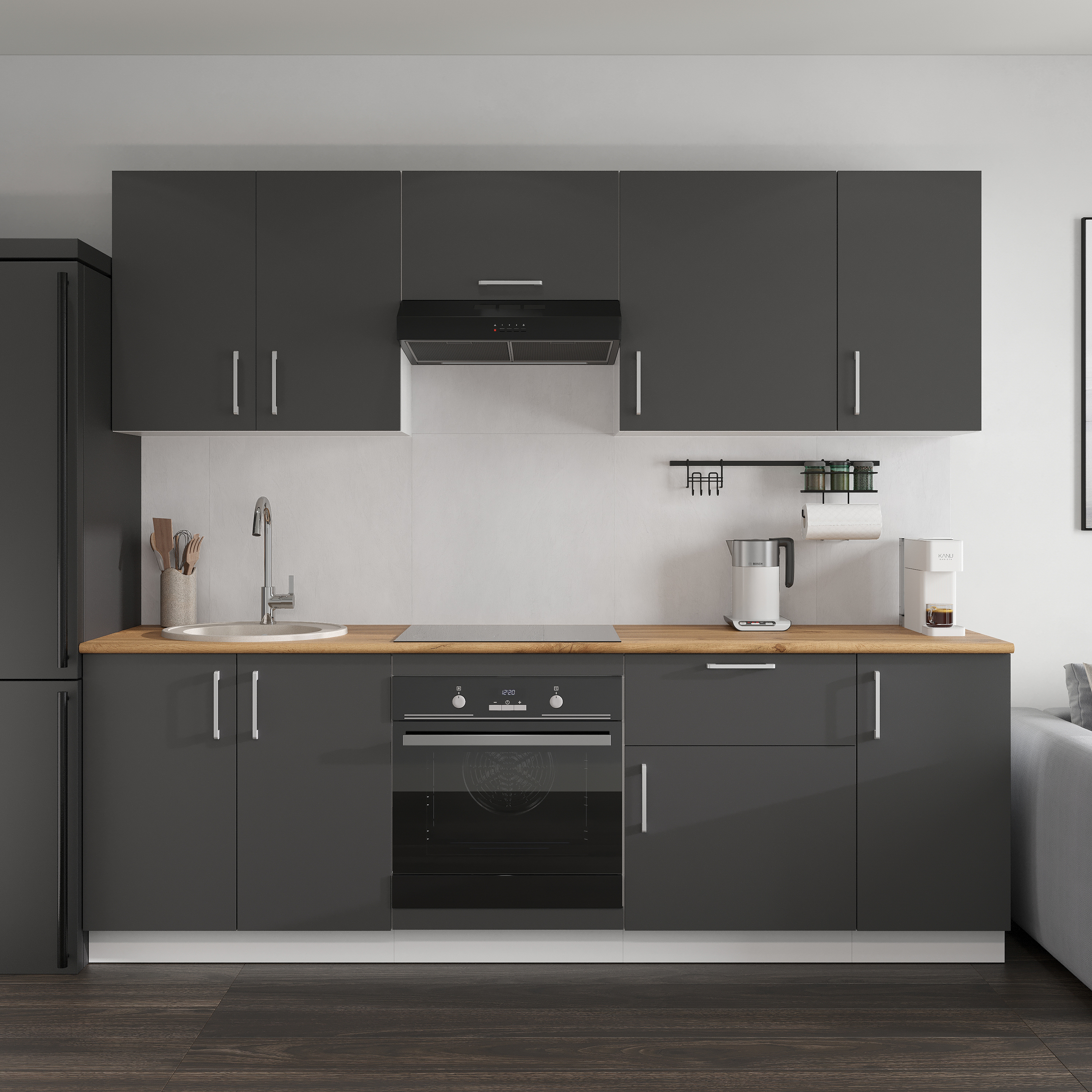 Кухонный гарнитур Domaci Болонья 240 см, фасад графит, ручка хром, столешница дуб вотан KUH-1000013