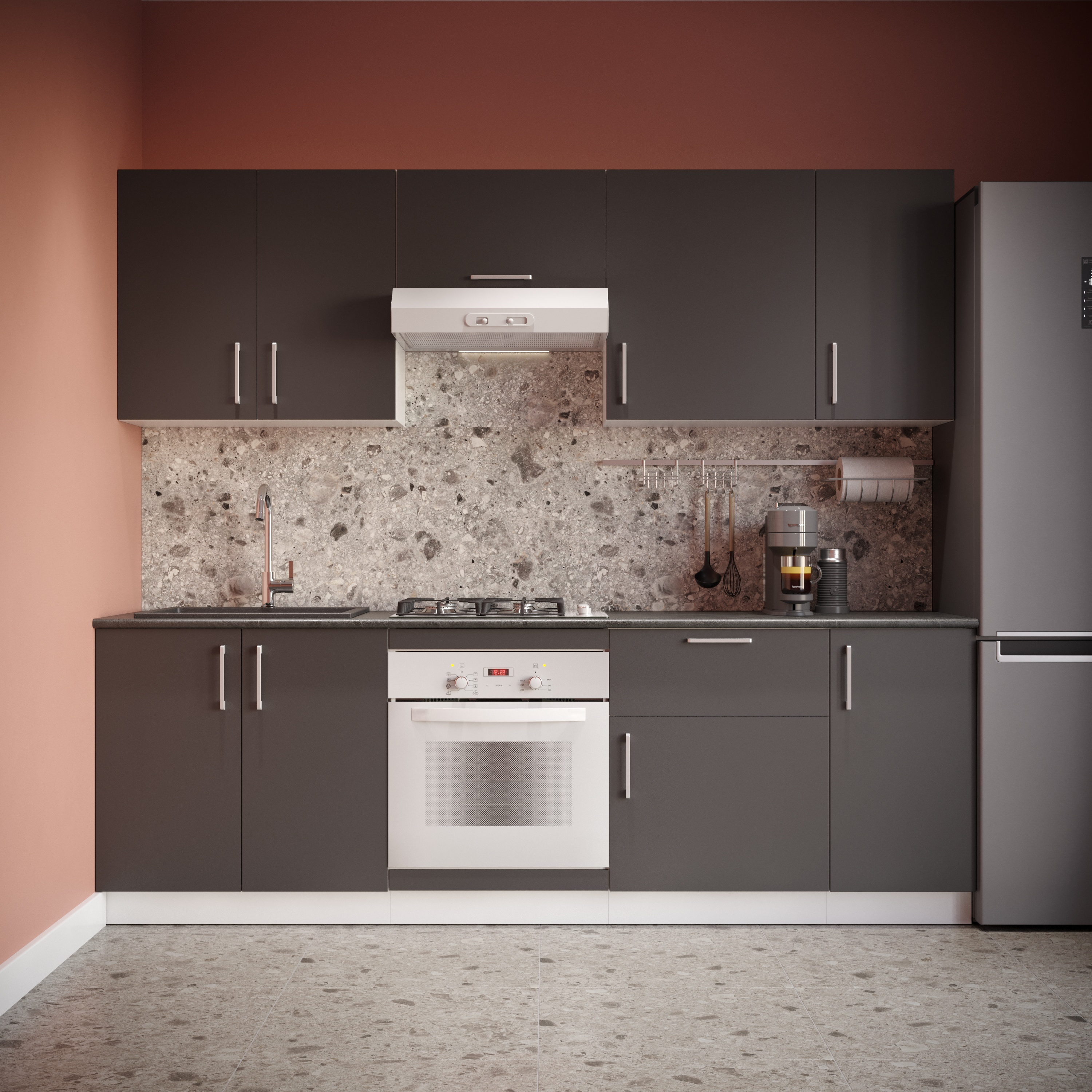 Кухонный гарнитур Domaci Болонья 240 см, фасад графит, ручка хром, столешница луна KUH-1000014