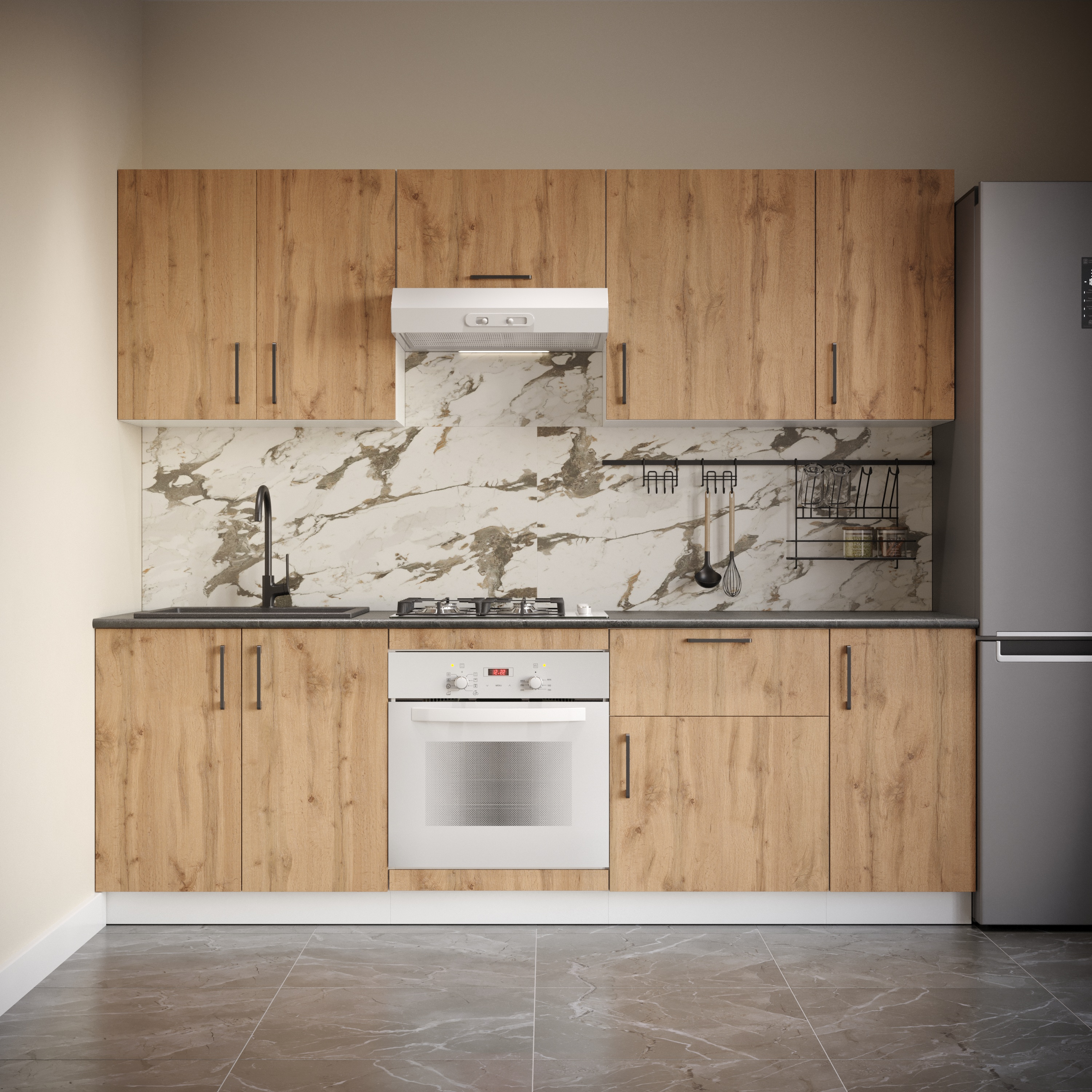 Кухонный гарнитур Domaci Болонья 240 см, фасад дуб вотан, ручка черная, столешница луна KUH-1000015