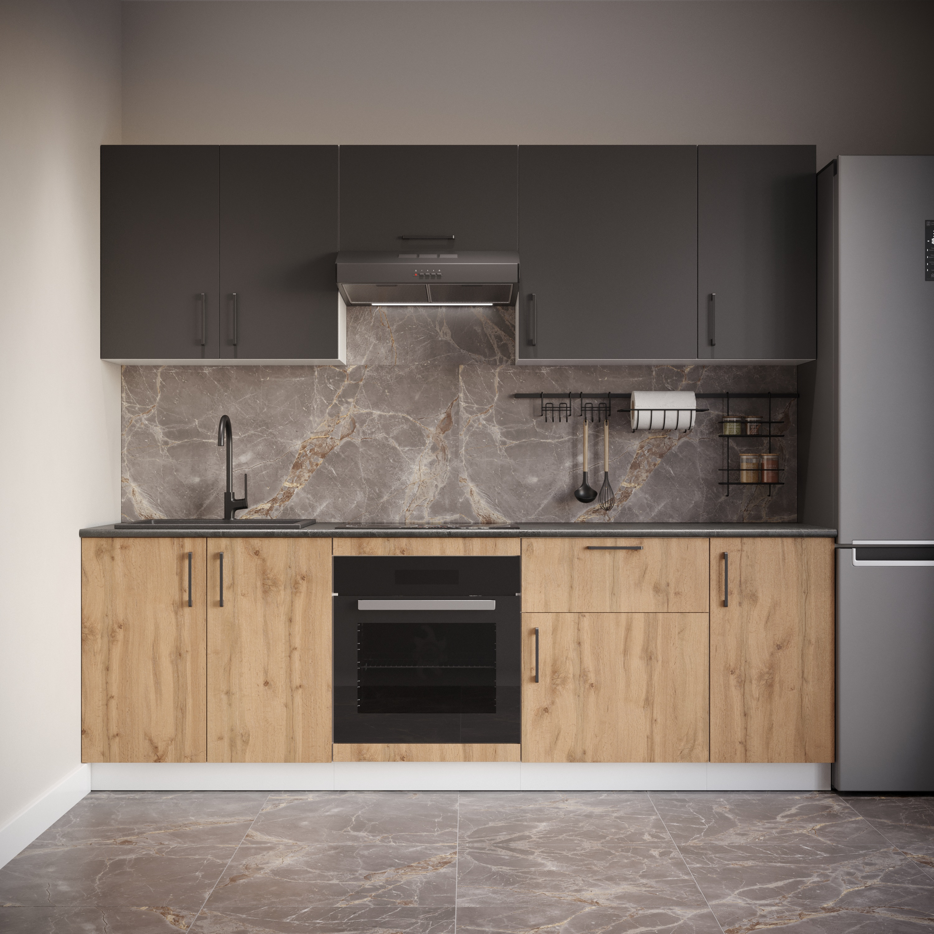 Кухонный гарнитур Domaci Болонья 240 см, фасад дуб вотан, графит, ручка черная, столешница луна KUH-1000018